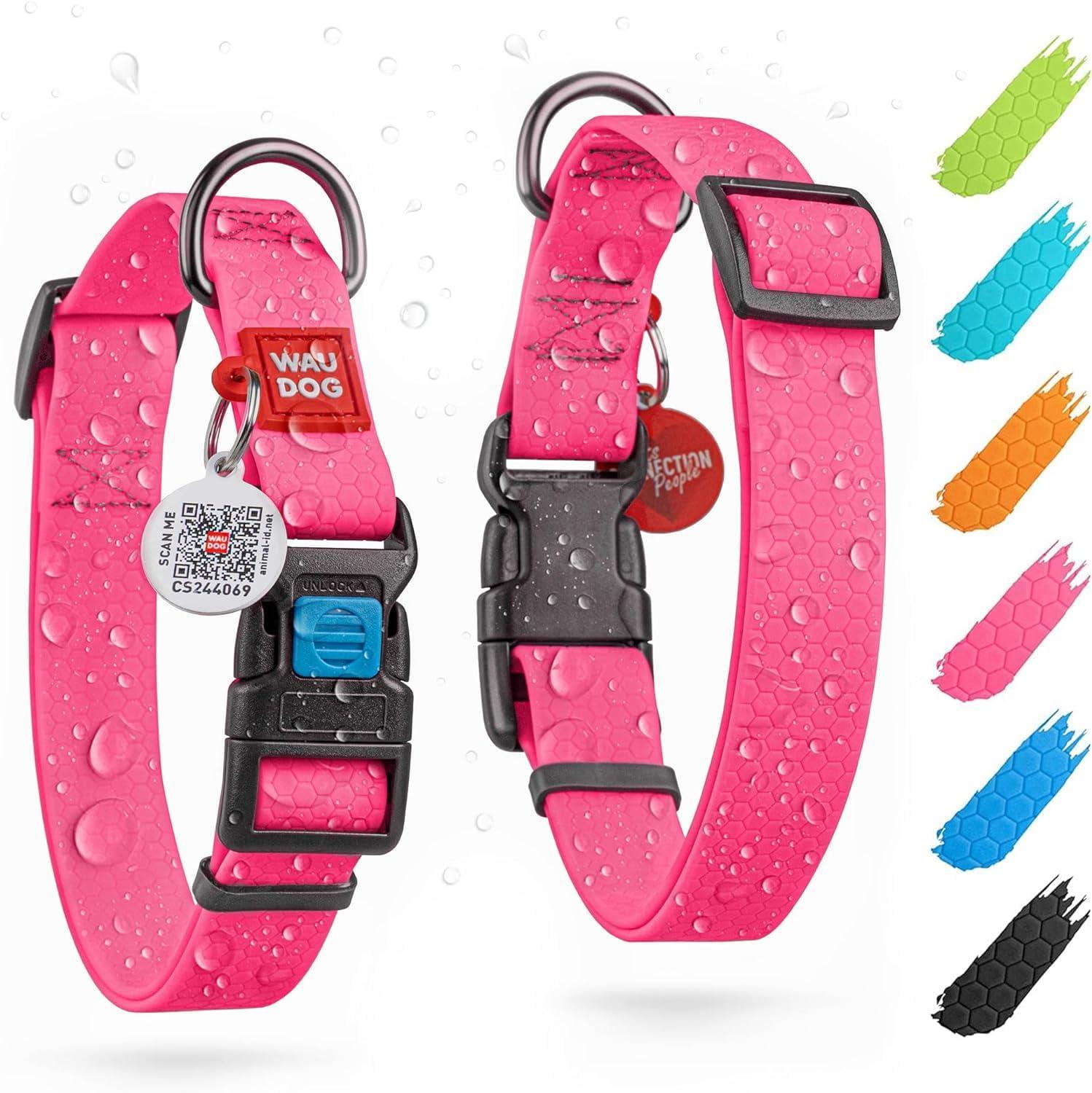 Waterproof Dog Collar Adjustable 17–28 in Neck x 1 3/5 in Wide Buckle & QR Tag Pink Waterproof Dog Collar Adjustable 17–28 in Neck x 1 3/5 in Wide Buckle & QR Tag Pink