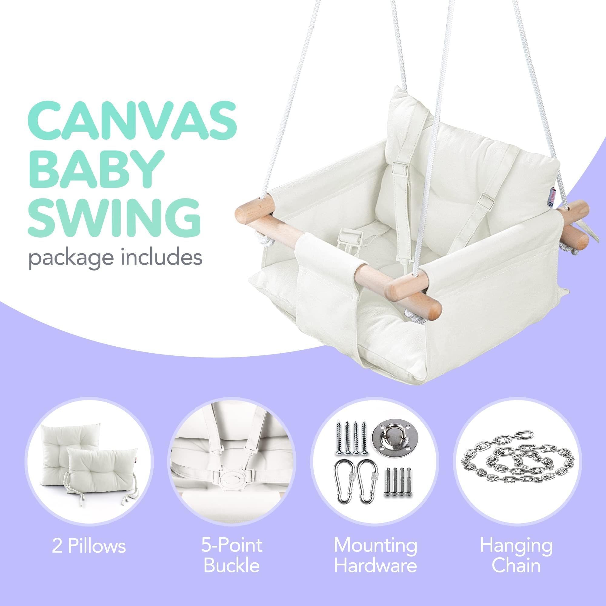 Canvas Baby Swing Wooden Hanging Swing Seat Chair with Safety Belt Durable Baby Swing Chair Outdoor and Indoor Swing for Kids Mounting Hardware Included Ivory Canvas Baby Swing Wooden Hanging Swing Seat Chair with Safety Belt Durable Baby Swing Chair Outdoor and Indoor Swing for Kids Mounting Hardware Included Ivory
