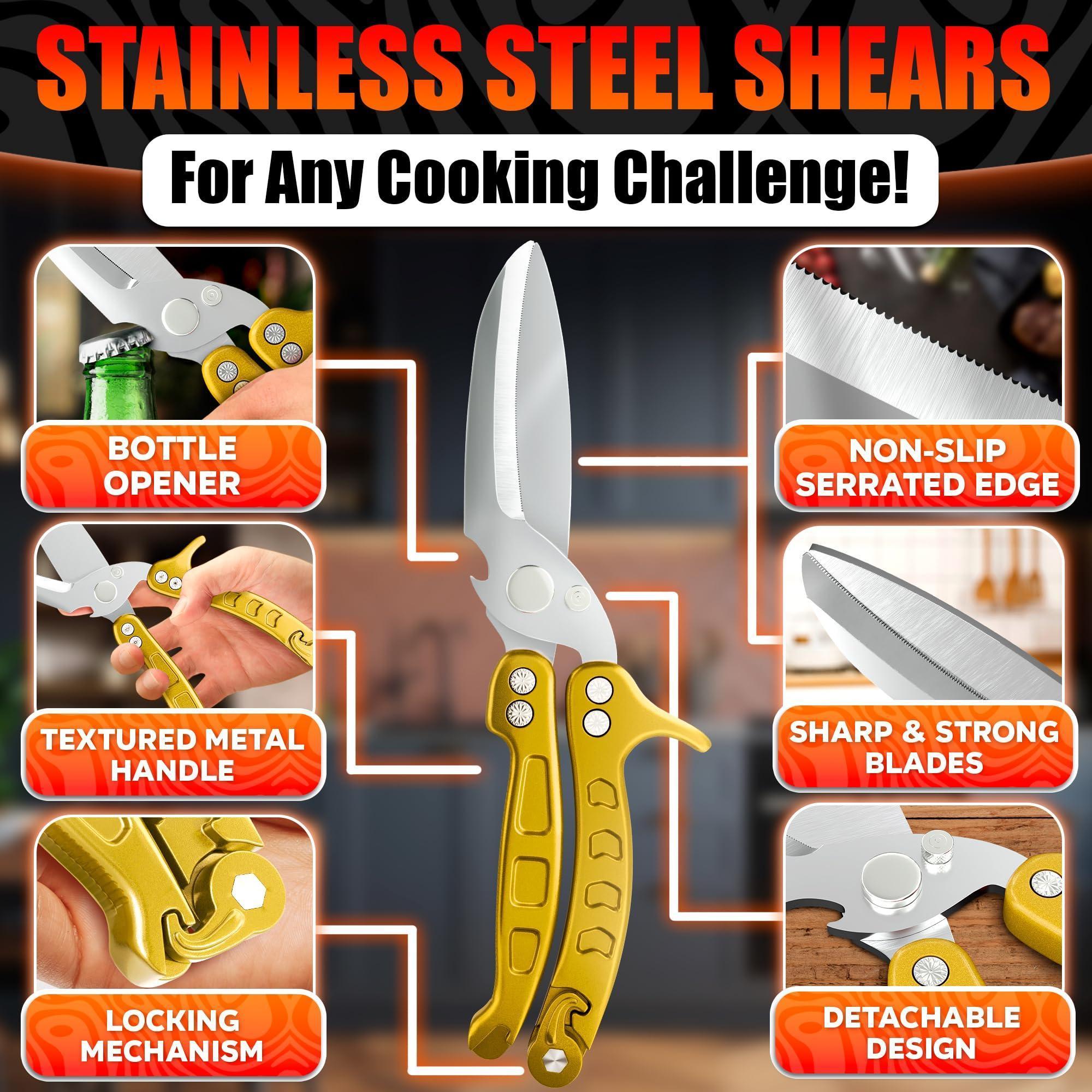 4 in 1 Multifunction Heavy Duty Kitchen Shears Sharp Seafood Fish Turkey Chicken Shears with Non Slip Metal Handle & Micro Serrated Blades for Meat Spring Loaded Bone Scissors Gold 4 in 1 Multifunction Heavy Duty Kitchen Shears Sharp Seafood Fish Turkey Chicken Shears with Non Slip Metal Handle & Micro Serrated Blades for Meat Spring Loaded Bone Scissors Gold