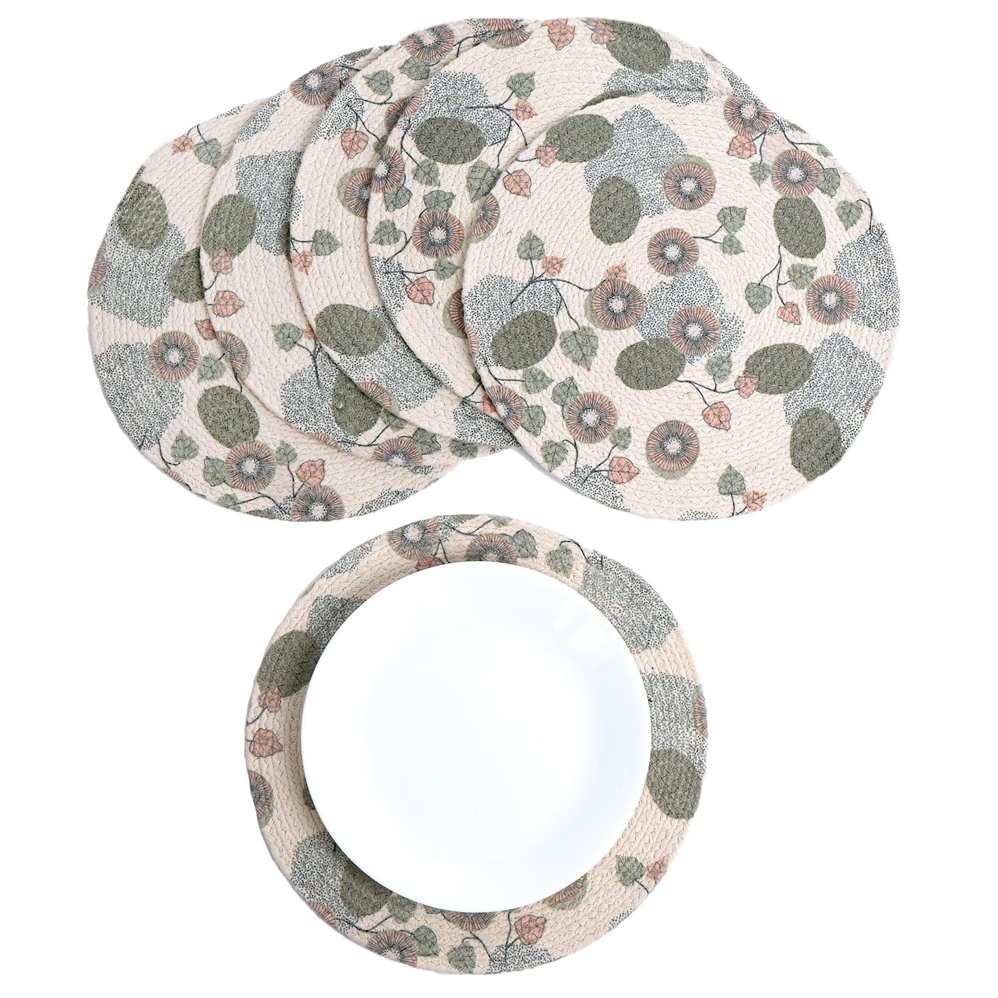 The Fine Living Co. Kiwi Printed Braided Cotton Placemats (Set of 6 13.5 Inches) Washable Anti Slip Heat Resistant Mats Boho Woven Round Table Mats for House Decor Kitchen and Dining The Fine Living Co. Kiwi Printed Braided Cotton Placemats (Set of 6 13.5 Inches) Washable Anti Slip Heat Resistant Mats Boho Woven Round Table Mats for House Decor Kitchen and Dining