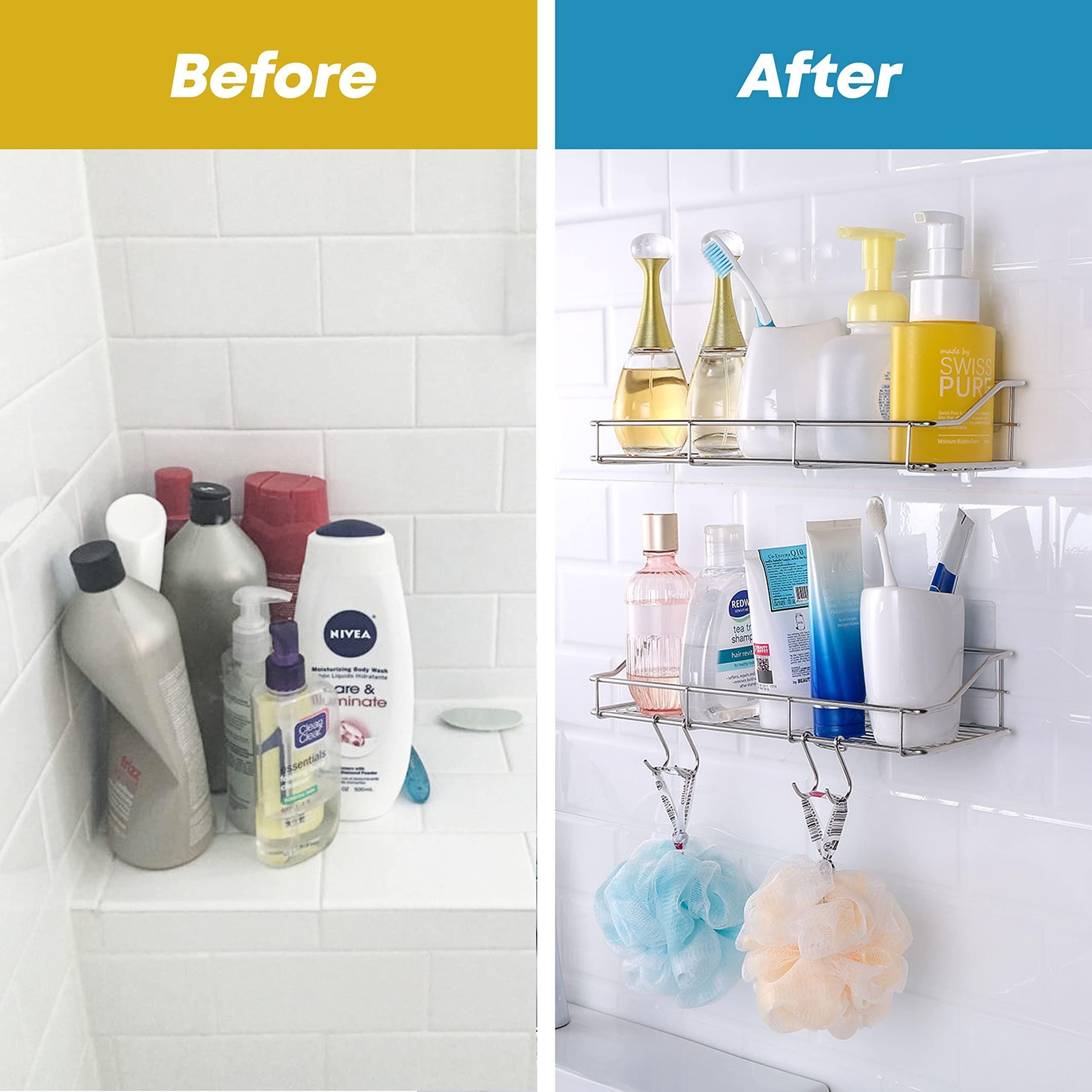 2 Pack Silver Adhesive Shower Caddy Shower Shelf Organizer for Bathroom Organization with Hooks SUS304 Stainless Steel 2 Pack Silver Adhesive Shower Caddy Shower Shelf Organizer for Bathroom Organization with Hooks SUS304 Stainless Steel
