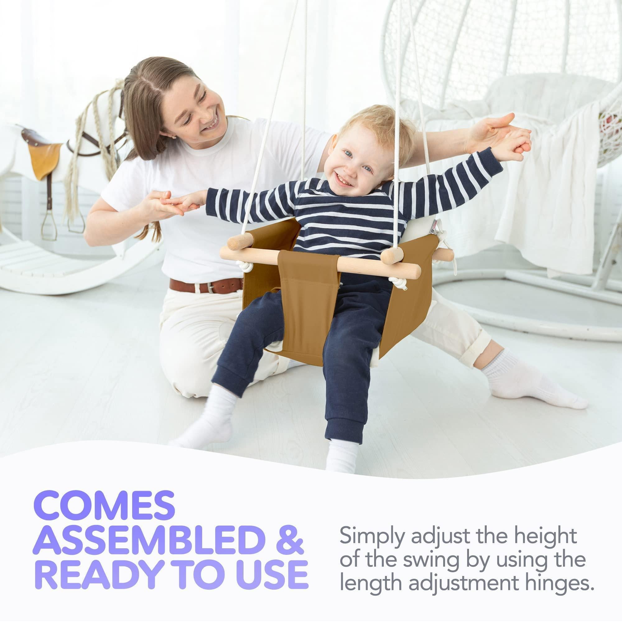Ocher Canvas Baby Swing Chair Wooden Hanging Seat with Safety Belt Durable and Comfortable for Kids Indoor and Outdoor Use Mounting Hardware Included Ocher Ocher Canvas Baby Swing Chair Wooden Hanging Seat with Safety Belt Durable and Comfortable for Kids Indoor and Outdoor Use Mounting Hardware Included Ocher