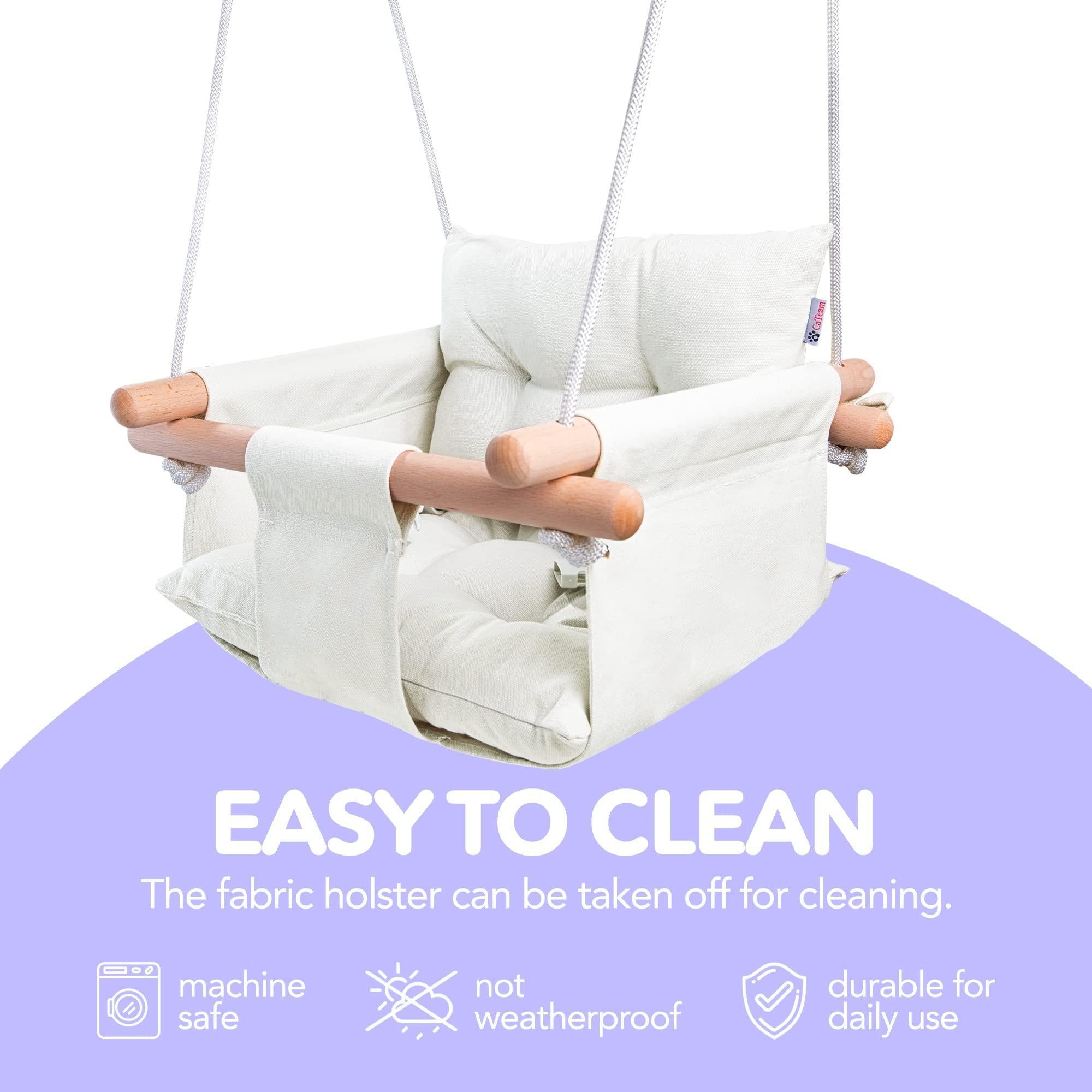 Canvas Baby Swing Wooden Hanging Swing Seat Chair with Safety Belt Durable Baby Swing Chair Outdoor and Indoor Swing for Kids Mounting Hardware Included Ivory Canvas Baby Swing Wooden Hanging Swing Seat Chair with Safety Belt Durable Baby Swing Chair Outdoor and Indoor Swing for Kids Mounting Hardware Included Ivory