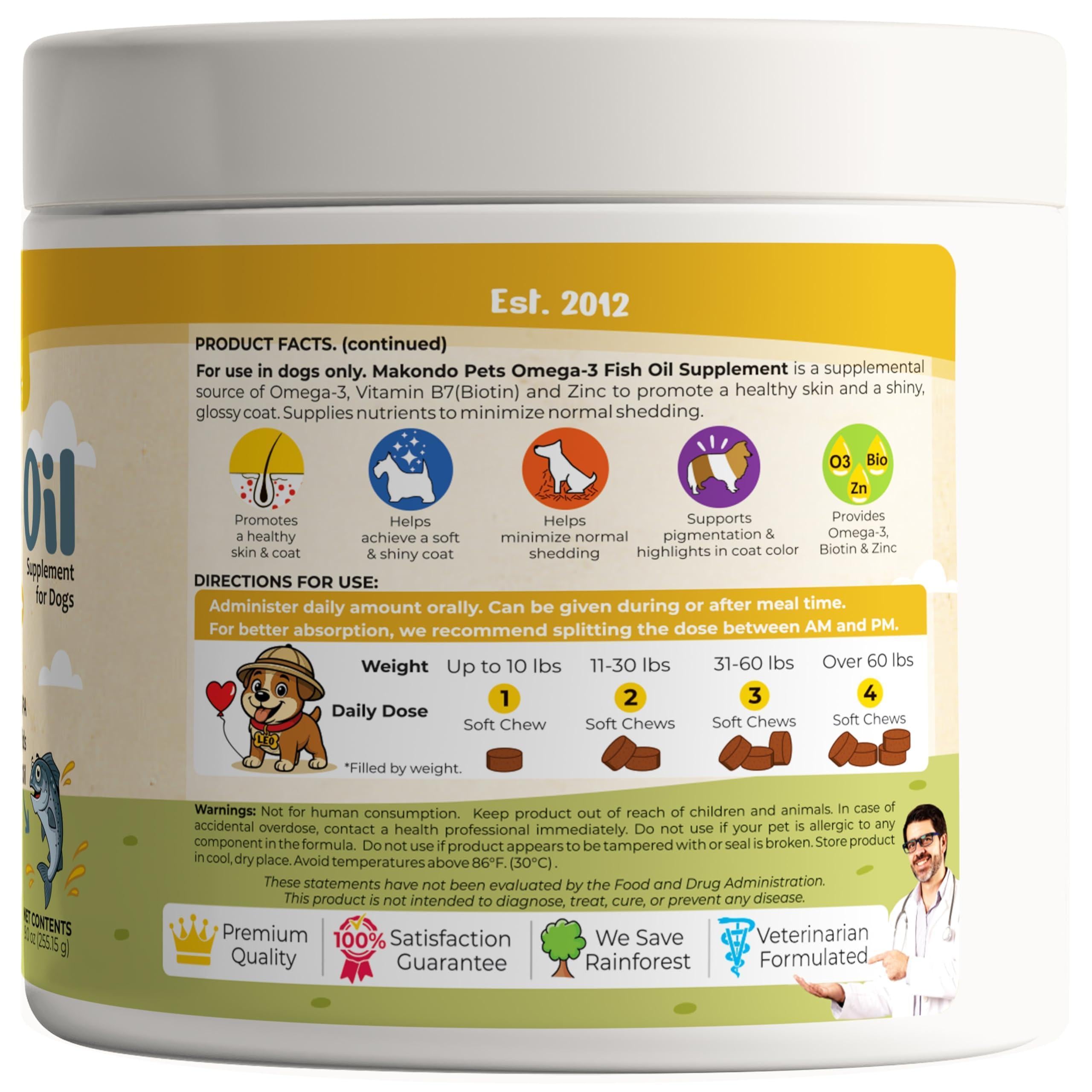 Omega-3 Fish Oil Chews for Dogs 120 Count Skin & Coat Shedding EPA & DHA Omega-3 Fish Oil Chews for Dogs 120 Count Skin & Coat Shedding EPA & DHA