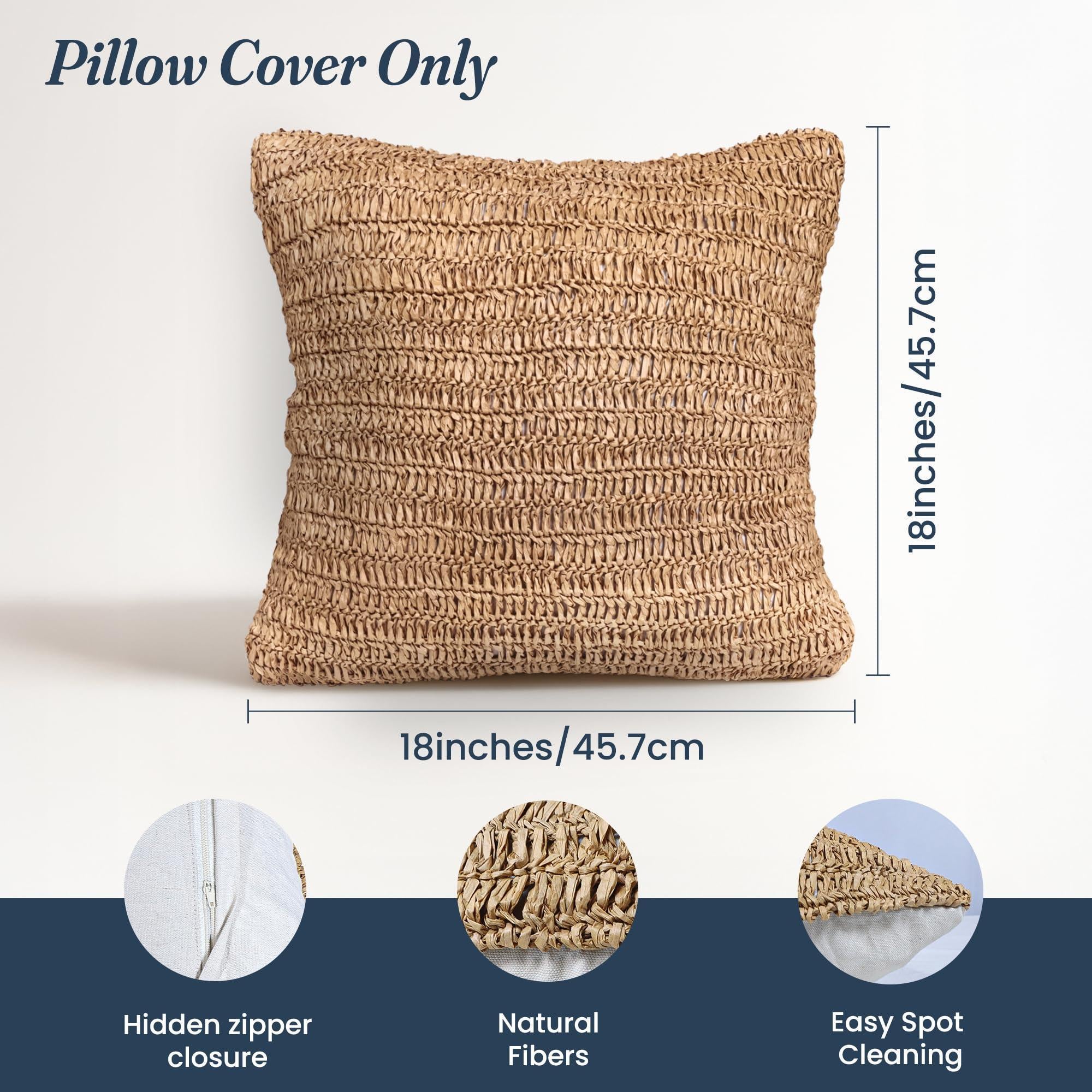 Raffia Hand Knitted Pillow Cover 18x18 inch Boho Decorative Cushion Cover for Couch Sofa or Bed Rustic Natural Throw Pillow Case 1pc Raffia Hand Knitted Pillow Cover 18x18 inch Boho Decorative Cushion Cover for Couch Sofa or Bed Rustic Natural Throw Pillow Case 1pc