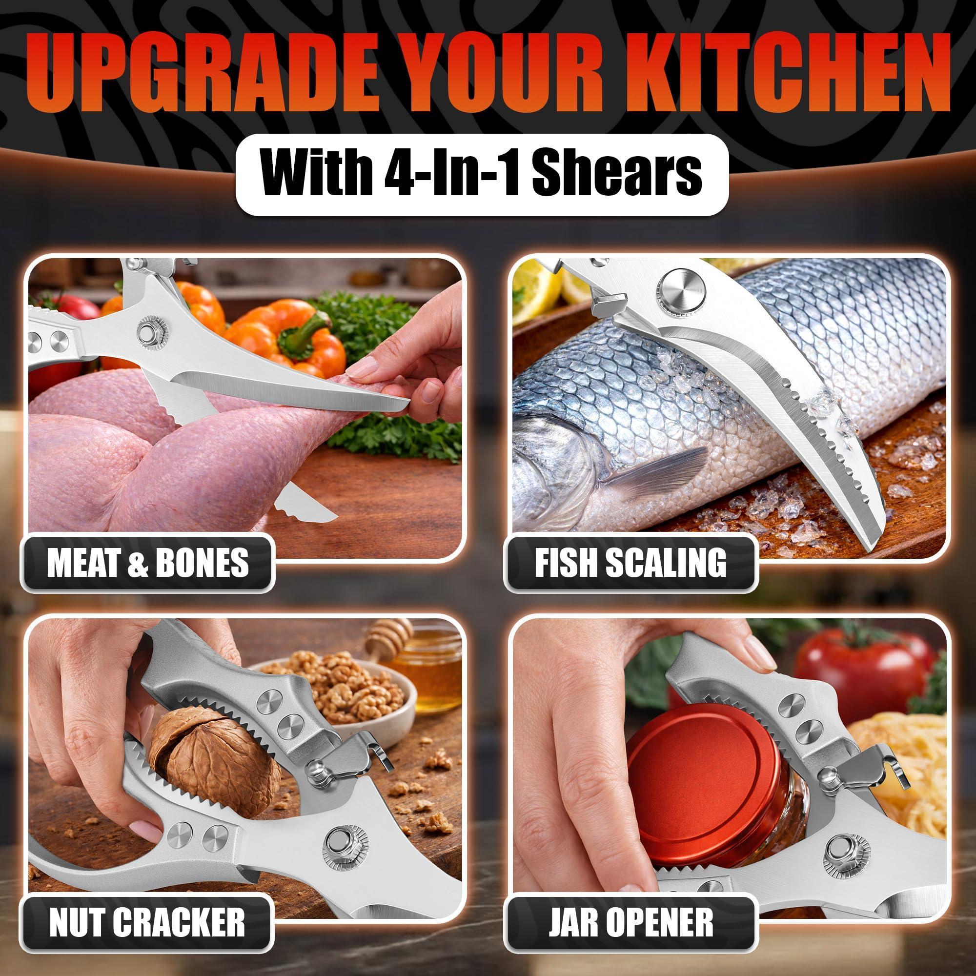 Stainless Steel Poultry Shears Heavy Duty Kitchen Shears for Food with Hardened Blades One Hand Safety Lock Spring Mechanism Dishwasher Safe Chicken Meat Cutting Turkey Fish and Vegetables Stainless Steel Poultry Shears Heavy Duty Kitchen Shears for Food with Hardened Blades One Hand Safety Lock Spring Mechanism Dishwasher Safe Chicken Meat Cutting Turkey Fish and Vegetables