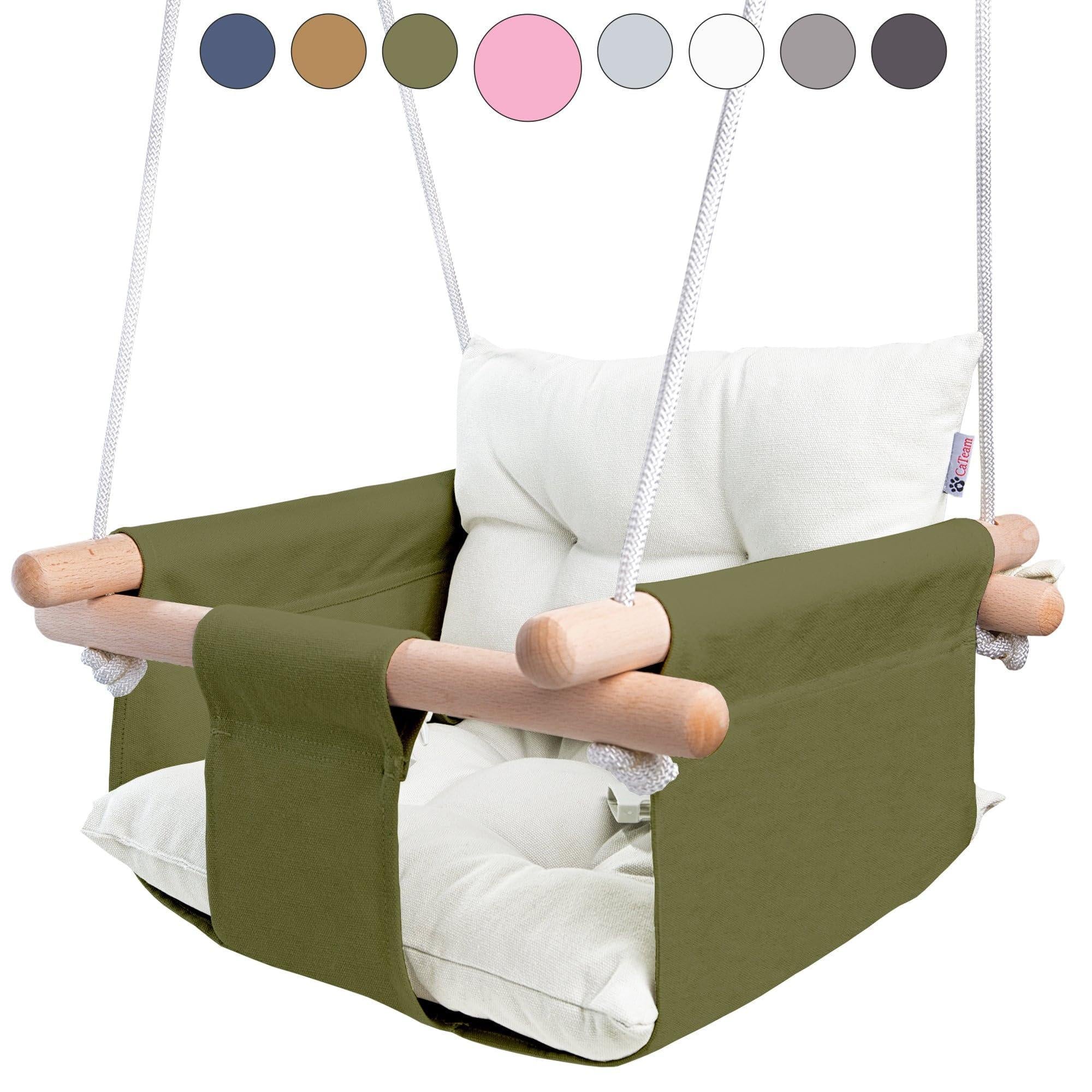Canvas Baby Swing Wooden Hanging Swing Seat Chair with Safety Belt Durable Baby Swing Chair Outdoor and Indoor Swing for Kids Mounting Hardware Included Green Canvas Baby Swing Wooden Hanging Swing Seat Chair with Safety Belt Durable Baby Swing Chair Outdoor and Indoor Swing for Kids Mounting Hardware Included Green