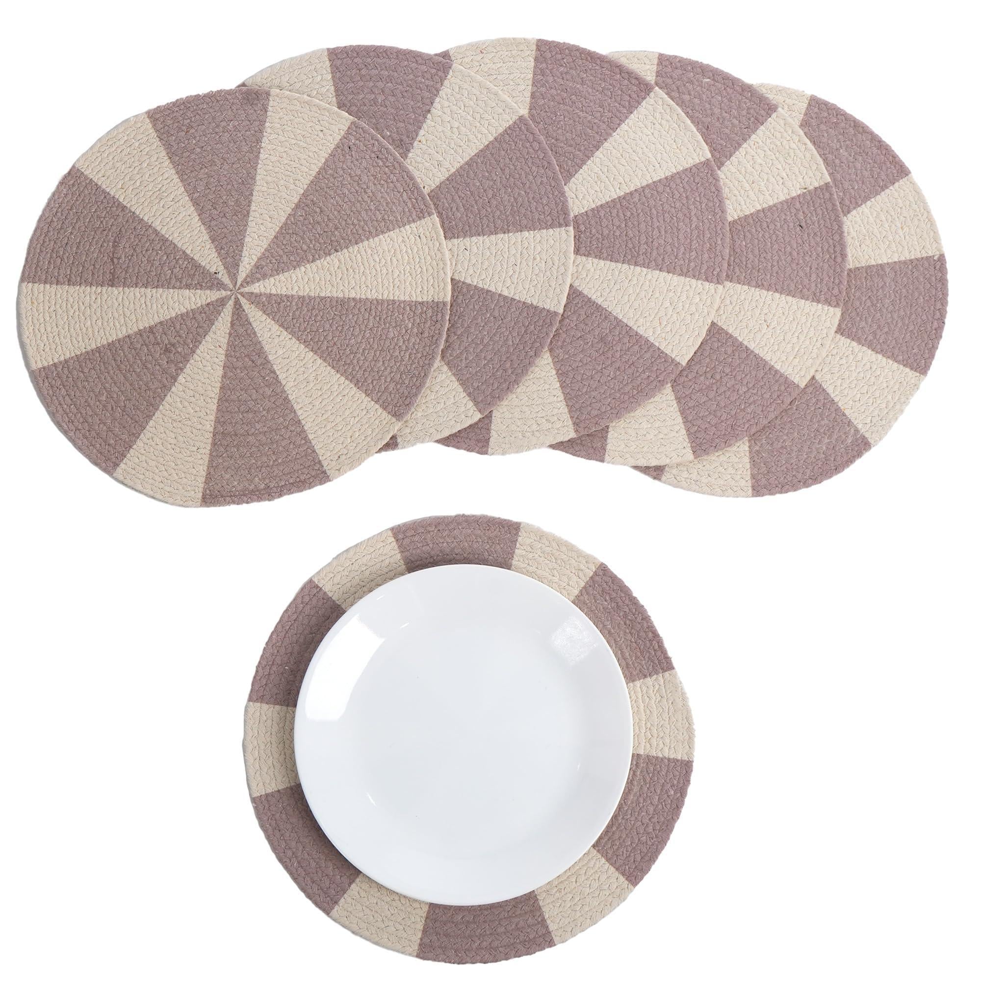 The Fine Living Co. Pinwheel Printed Cotton Braided Placemats (Set of 6 13.5 Inches) Washable Anti Slip Heat Resistant Mats Boho Woven Round Table Mats for House Decor Kitchen and Dining The Fine Living Co. Pinwheel Printed Cotton Braided Placemats (Set of 6 13.5 Inches) Washable Anti Slip Heat Resistant Mats Boho Woven Round Table Mats for House Decor Kitchen and Dining