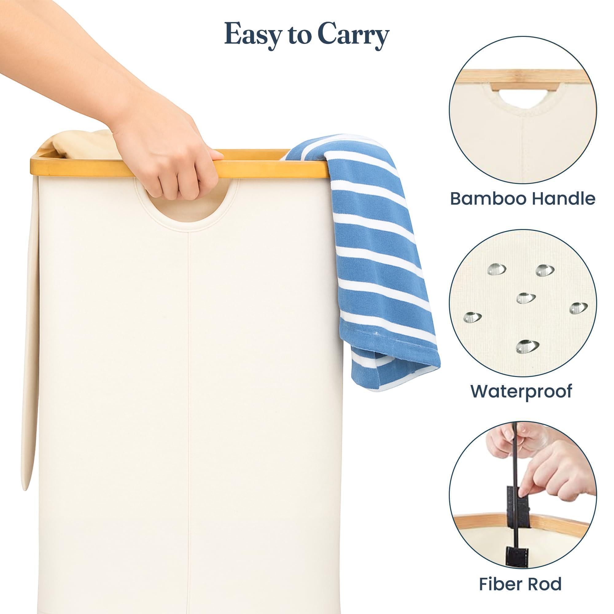 Ivory 100L Large Laundry Hamper with Lid Narrow Foldable Slim Laundry Basket with Bamboo Handles Skinny Tall Dirty Clothes Hamper for Dorm Bathroom Bedroom Ivory 100L Large Laundry Hamper with Lid Narrow Foldable Slim Laundry Basket with Bamboo Handles Skinny Tall Dirty Clothes Hamper for Dorm Bathroom Bedroom