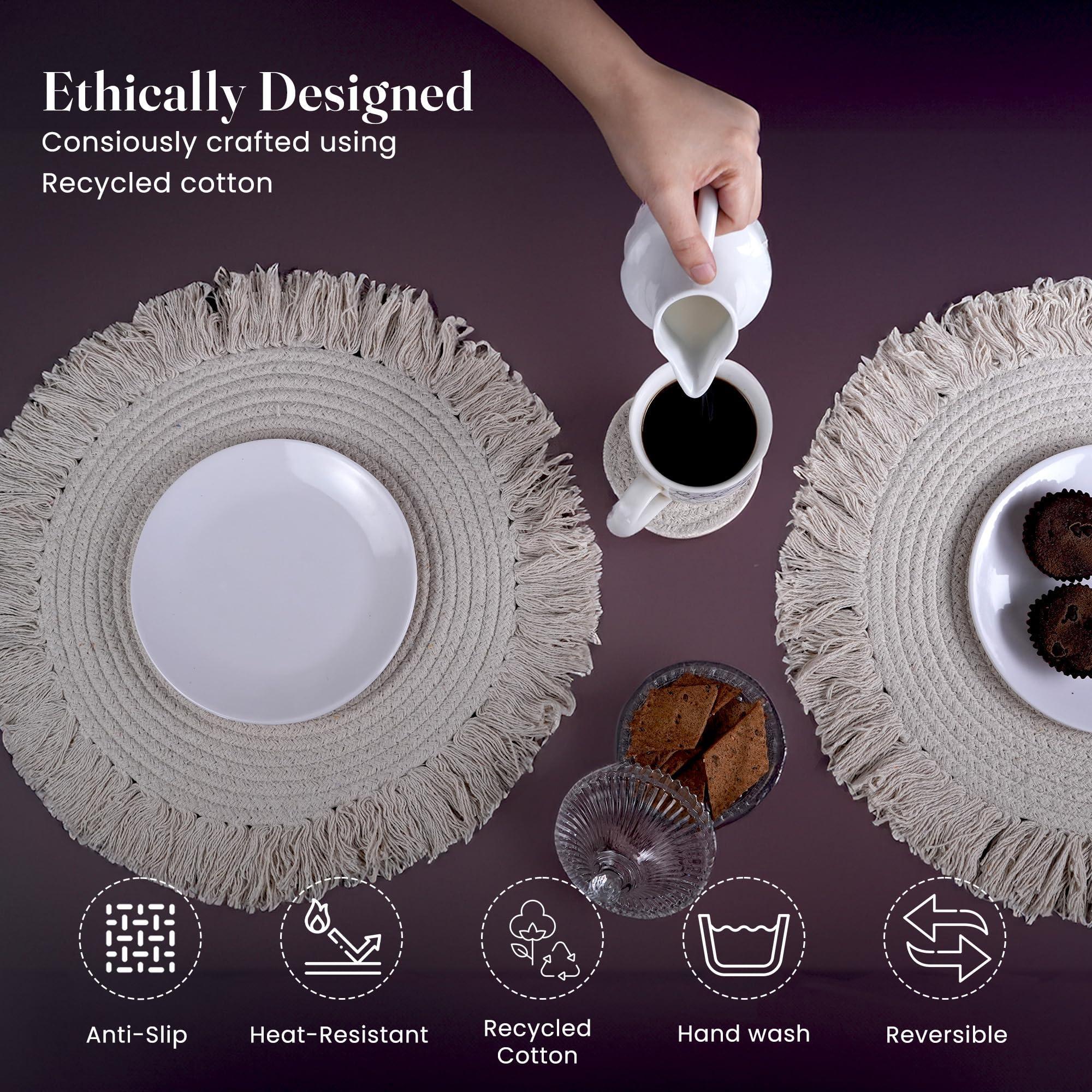 The Fine Living Co. Braided Cotton Placemats (Set of 6 15 Inches) with 6 Free Coasters Washable Anti Slip Heat Resistant Mats Boho Woven Round Table Mats for House Decor Kitchen and Dining The Fine Living Co. Braided Cotton Placemats (Set of 6 15 Inches) with 6 Free Coasters Washable Anti Slip Heat Resistant Mats Boho Woven Round Table Mats for House Decor Kitchen and Dining