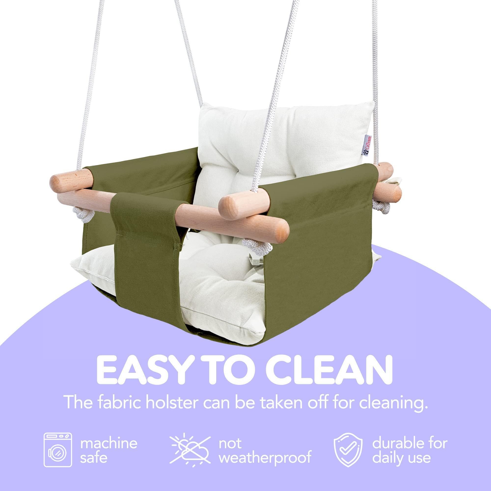 Canvas Baby Swing Wooden Hanging Swing Seat Chair with Safety Belt Durable Baby Swing Chair Outdoor and Indoor Swing for Kids Mounting Hardware Included Green Canvas Baby Swing Wooden Hanging Swing Seat Chair with Safety Belt Durable Baby Swing Chair Outdoor and Indoor Swing for Kids Mounting Hardware Included Green