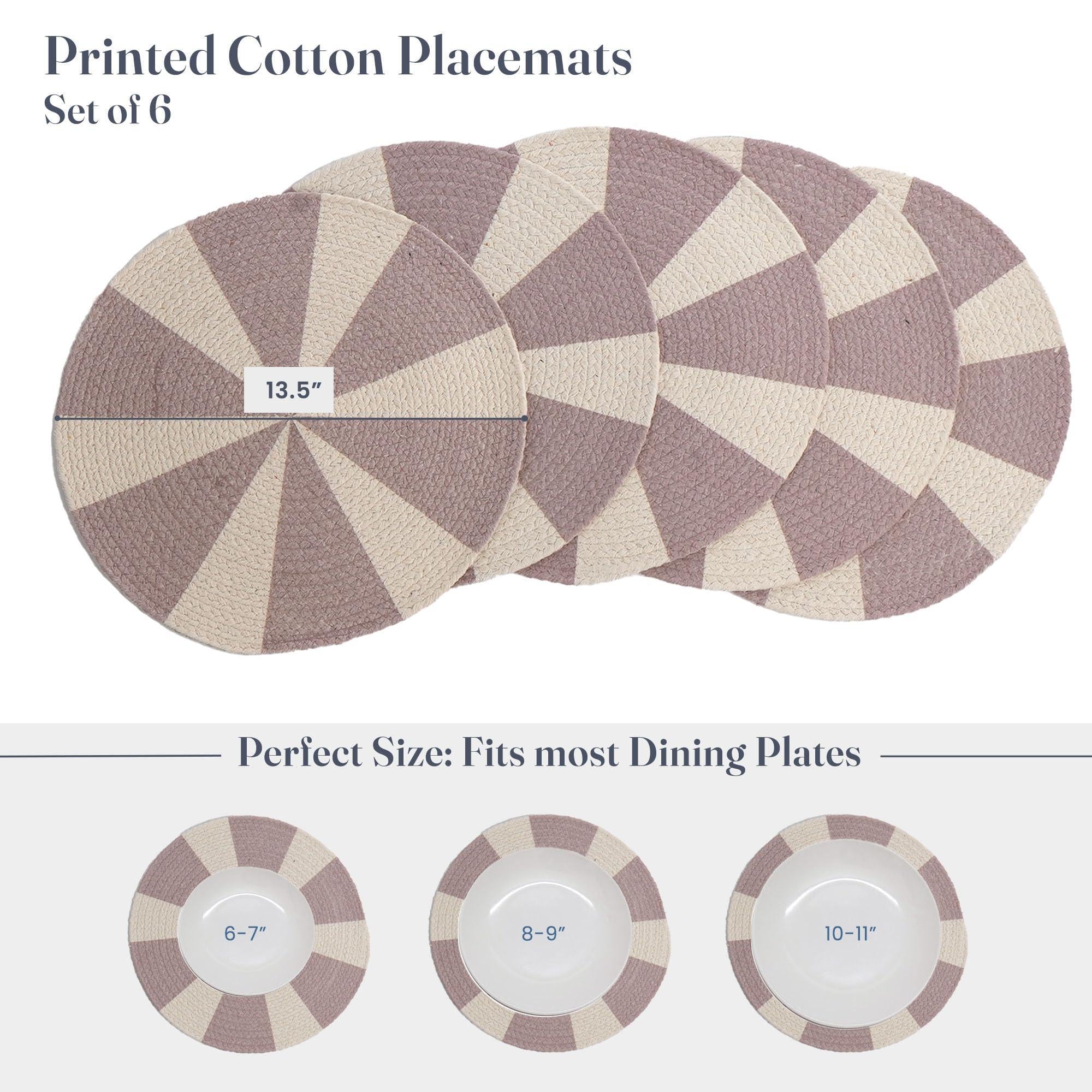 The Fine Living Co. Pinwheel Printed Cotton Braided Placemats (Set of 6 13.5 Inches) Washable Anti Slip Heat Resistant Mats Boho Woven Round Table Mats for House Decor Kitchen and Dining The Fine Living Co. Pinwheel Printed Cotton Braided Placemats (Set of 6 13.5 Inches) Washable Anti Slip Heat Resistant Mats Boho Woven Round Table Mats for House Decor Kitchen and Dining