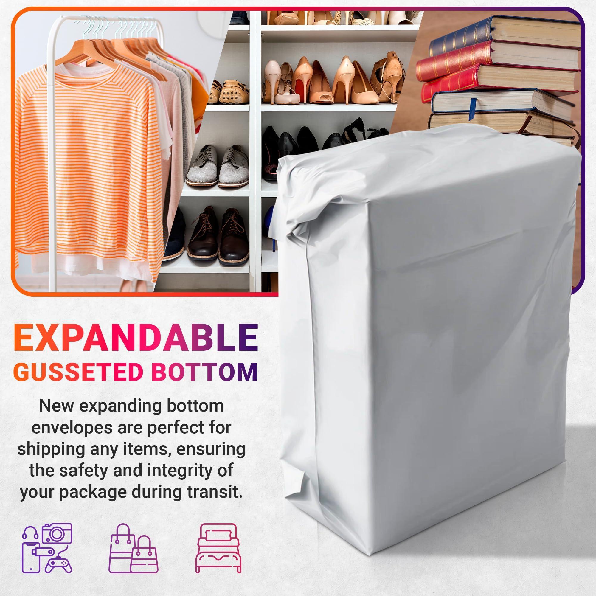 White Gusseted Poly Mailers 24 x 21 x 6 Inch Pack of 25 Poly Shipping Envelopes for Clothing 2.5 Mil. Plastic Shipping Bags Self Seal. Mailing Packages White Gusseted Poly Mailers 24 x 21 x 6 Inch Pack of 25 Poly Shipping Envelopes for Clothing 2.5 Mil. Plastic Shipping Bags Self Seal. Mailing Packages