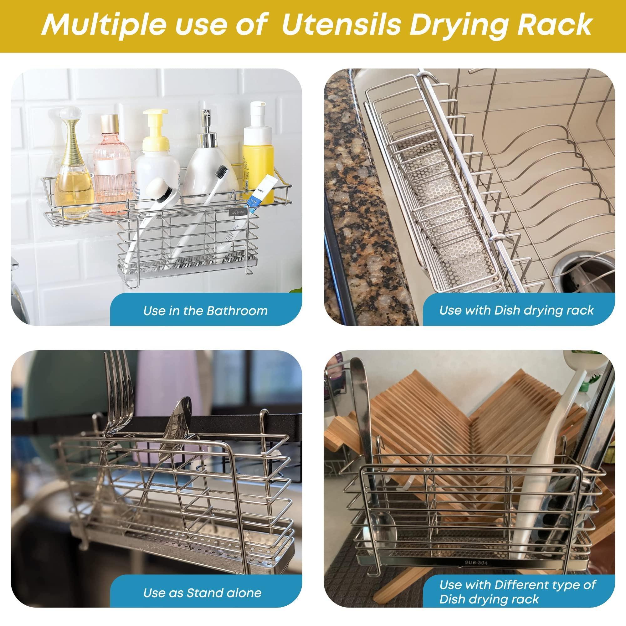 Sturdy 304 Stainless Steel Utensil Drying Rack Basket Holder with Hooks 3 Divided Compartments Rust Proof No Drilling Sturdy 304 Stainless Steel Utensil Drying Rack Basket Holder with Hooks 3 Divided Compartments Rust Proof No Drilling