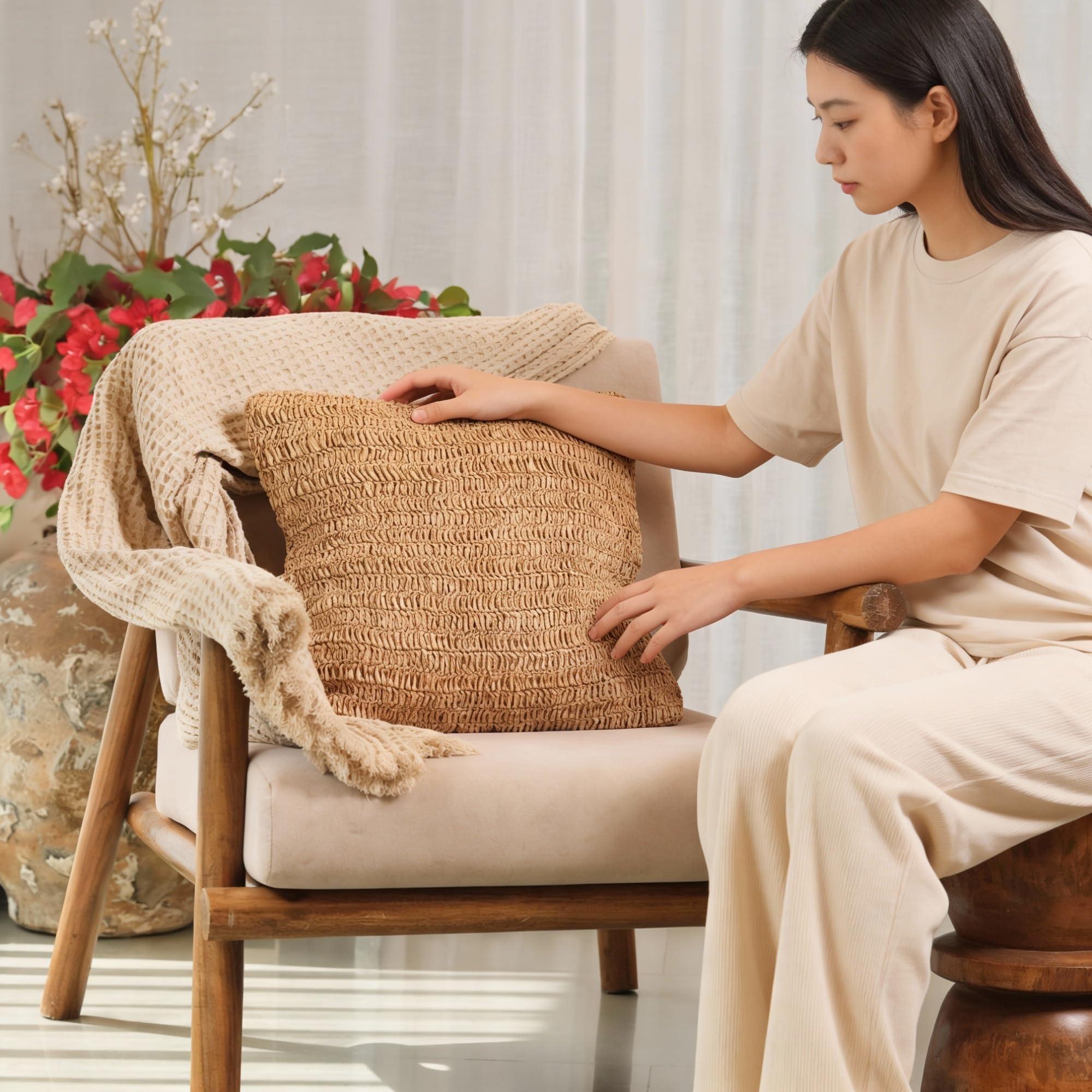 Raffia Hand Knitted Pillow Cover 18x18 inch Boho Decorative Cushion Cover for Couch Sofa or Bed Rustic Natural Throw Pillow Case 1pc Raffia Hand Knitted Pillow Cover 18x18 inch Boho Decorative Cushion Cover for Couch Sofa or Bed Rustic Natural Throw Pillow Case 1pc