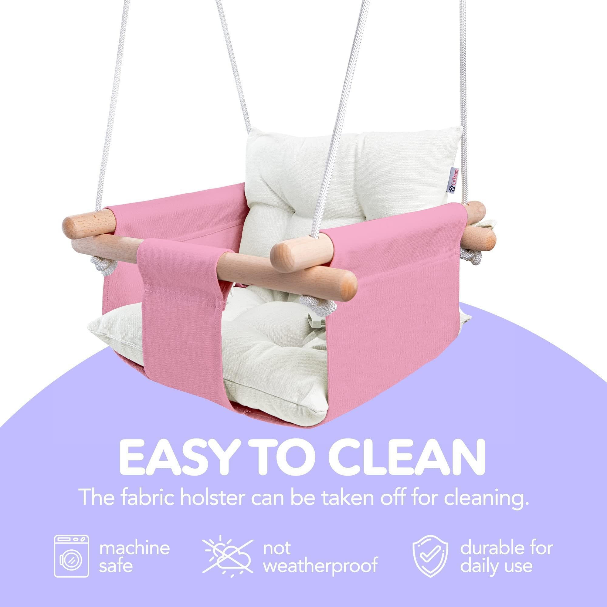 Pink Canvas Baby Swing Wooden Hanging Swing Seat Chair with Safety Belt Durable Baby Swing Chair Outdoor and Indoor Swing for Kids Mounting Hardware Included Pink Pink Canvas Baby Swing Wooden Hanging Swing Seat Chair with Safety Belt Durable Baby Swing Chair Outdoor and Indoor Swing for Kids Mounting Hardware Included Pink