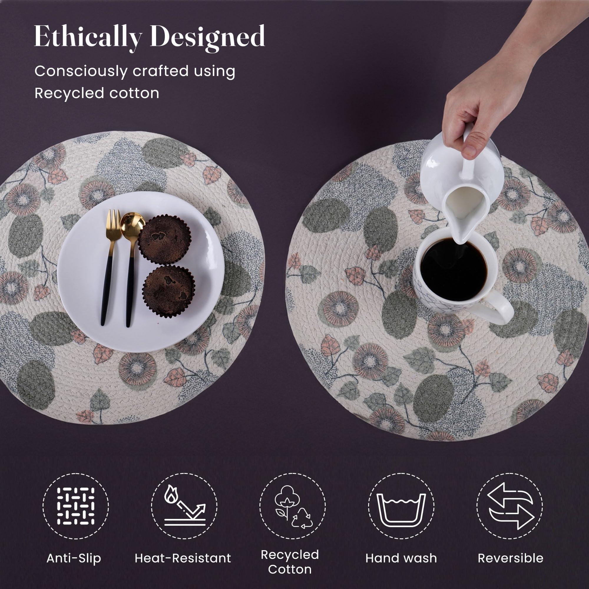 The Fine Living Co. Kiwi Printed Braided Cotton Placemats (Set of 6 13.5 Inches) Washable Anti Slip Heat Resistant Mats Boho Woven Round Table Mats for House Decor Kitchen and Dining The Fine Living Co. Kiwi Printed Braided Cotton Placemats (Set of 6 13.5 Inches) Washable Anti Slip Heat Resistant Mats Boho Woven Round Table Mats for House Decor Kitchen and Dining