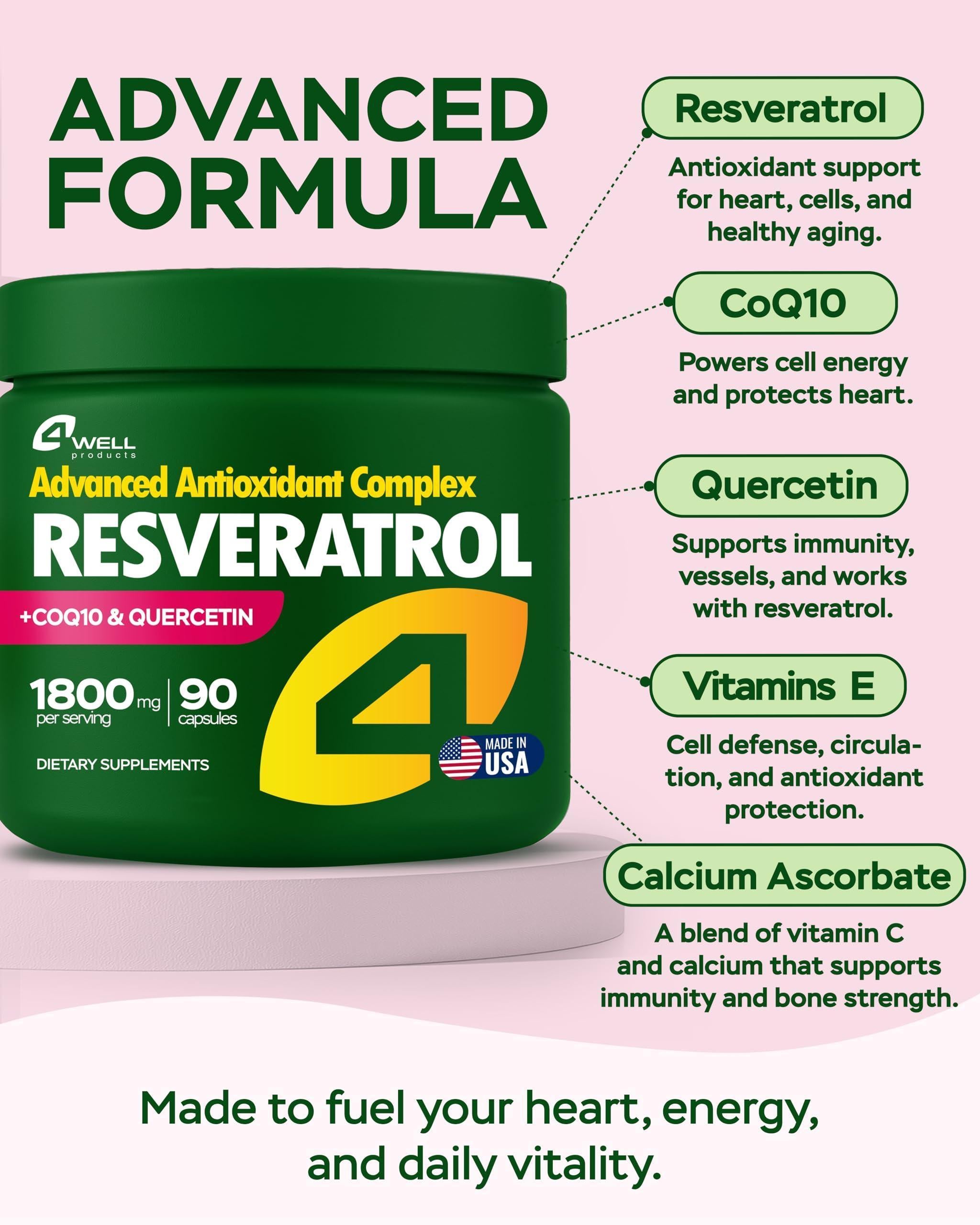 Resveratrol Supplement 1800mg Complex COQ10 Quercetin Vitamin E Calcium Ascorbate Powerful Antioxidant Formula for Enhanced Energy Heart Health & Healthy Aging Support Trans Resveratrol 90 Caps Resveratrol Supplement 1800mg Complex COQ10 Quercetin Vitamin E Calcium Ascorbate Powerful Antioxidant Formula for Enhanced Energy Heart Health & Healthy Aging Support Trans Resveratrol 90 Caps