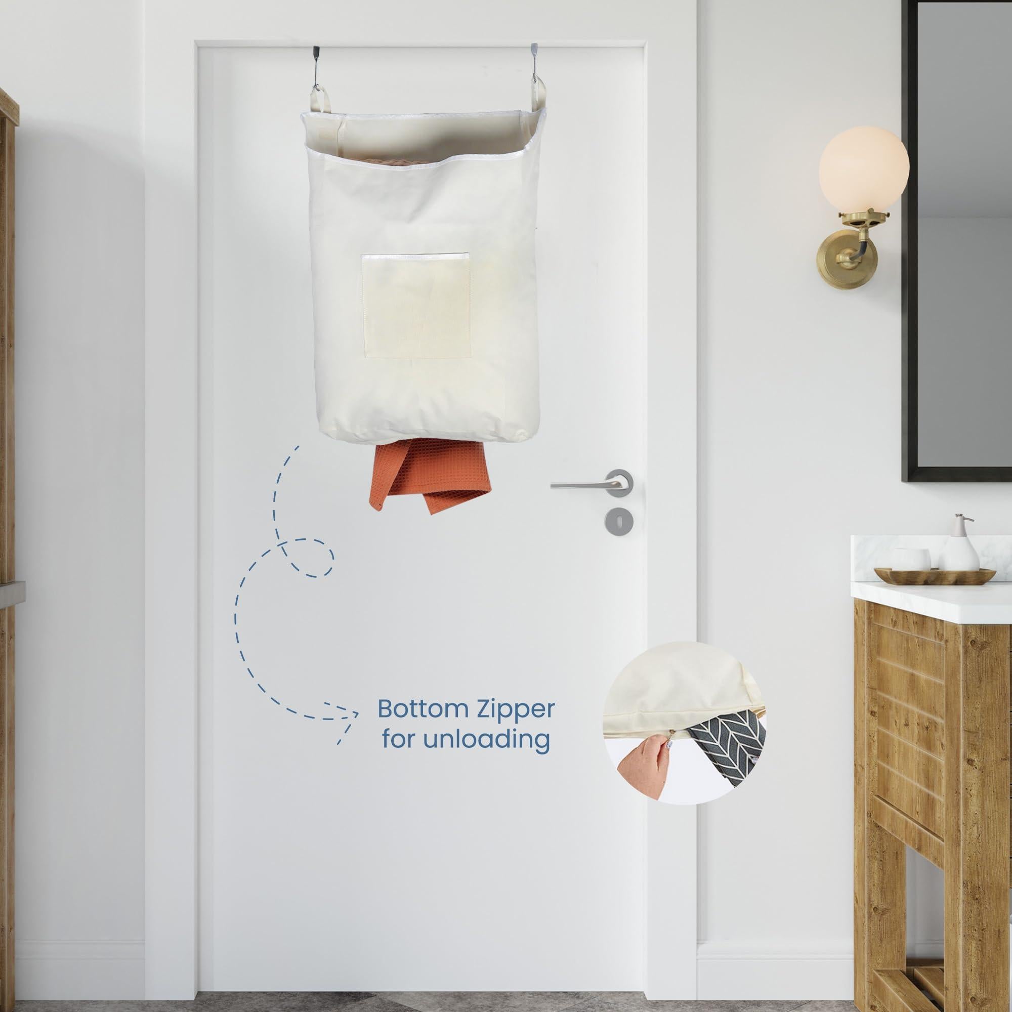 The Fine Living Co. Hanging Laundry Hamper with Over Door Hooks & Adhesive Durable Space Saving Laundry Bag with Zipper and Wide Open Top Hanging Dorm Laundry Hamper 18 x4.75 x28 (Beige L) The Fine Living Co. Hanging Laundry Hamper with Over Door Hooks & Adhesive Durable Space Saving Laundry Bag with Zipper and Wide Open Top Hanging Dorm Laundry Hamper 18 x4.75 x28 (Beige L)