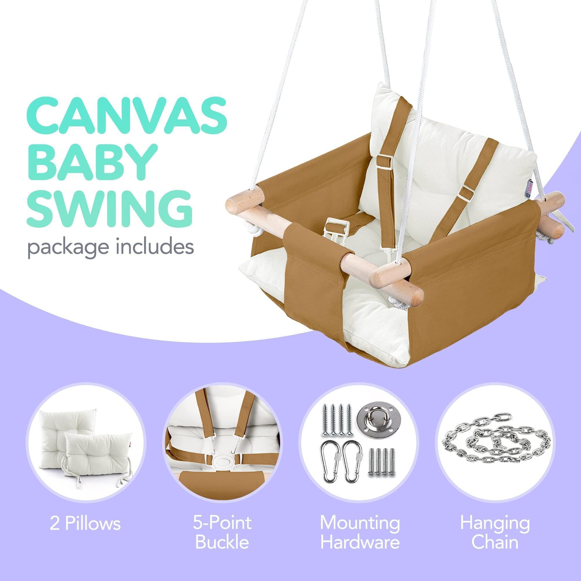 Ocher Canvas Baby Swing Chair Wooden Hanging Seat with Safety Belt Durable and Comfortable for Kids Indoor and Outdoor Use Mounting Hardware Included Ocher Ocher Canvas Baby Swing Chair Wooden Hanging Seat with Safety Belt Durable and Comfortable for Kids Indoor and Outdoor Use Mounting Hardware Included Ocher