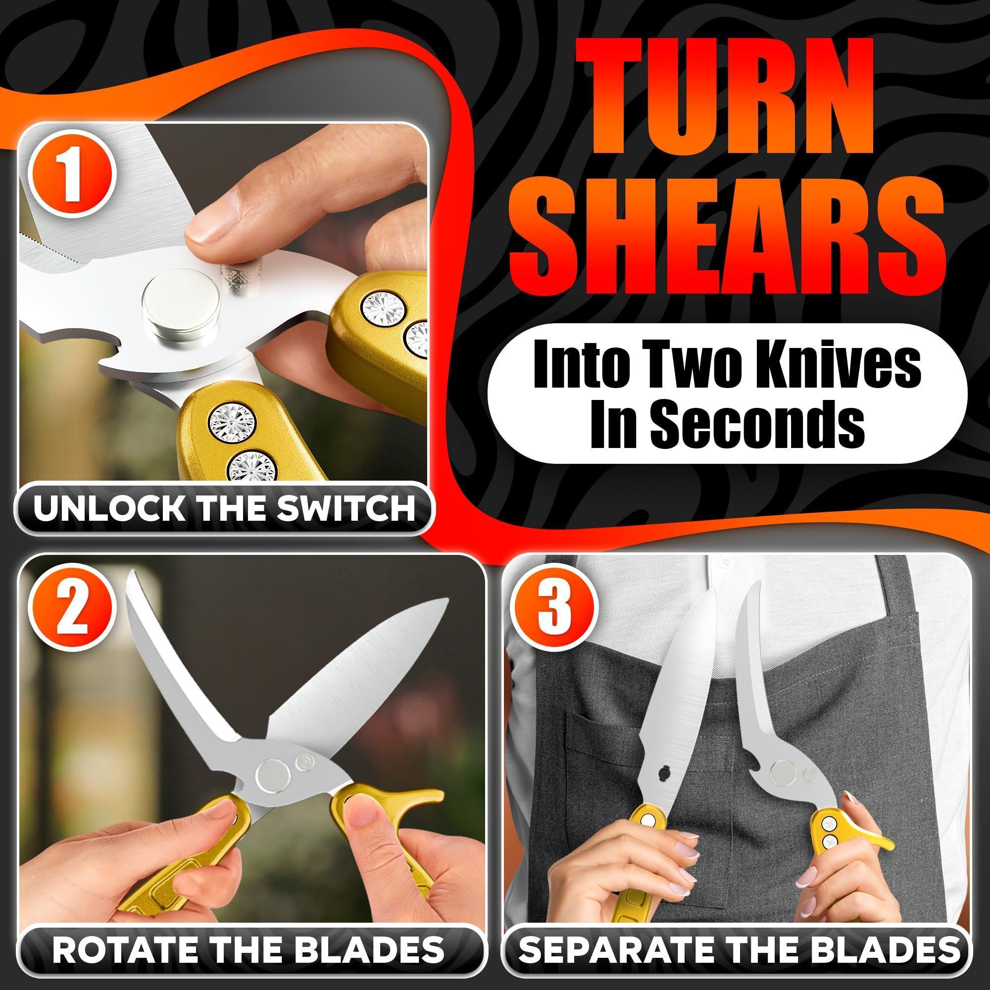 4 in 1 Multifunction Heavy Duty Kitchen Shears Sharp Seafood Fish Turkey Chicken Shears with Non Slip Metal Handle & Micro Serrated Blades for Meat Spring Loaded Bone Scissors Gold 4 in 1 Multifunction Heavy Duty Kitchen Shears Sharp Seafood Fish Turkey Chicken Shears with Non Slip Metal Handle & Micro Serrated Blades for Meat Spring Loaded Bone Scissors Gold