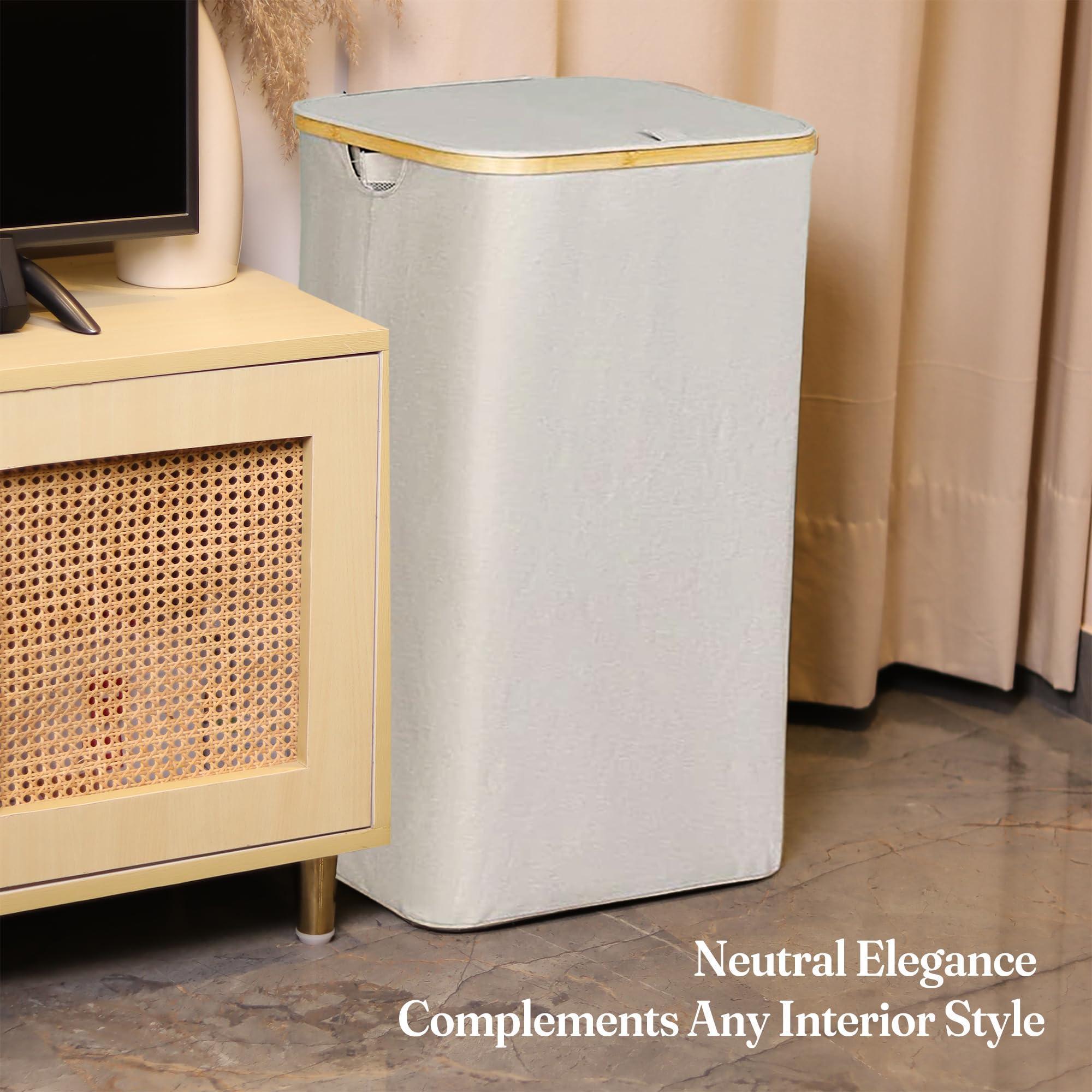 Ivory 100L Large Laundry Hamper with Lid Narrow Foldable Slim Laundry Basket with Bamboo Handles Skinny Tall Dirty Clothes Hamper for Dorm Bathroom Bedroom Ivory 100L Large Laundry Hamper with Lid Narrow Foldable Slim Laundry Basket with Bamboo Handles Skinny Tall Dirty Clothes Hamper for Dorm Bathroom Bedroom
