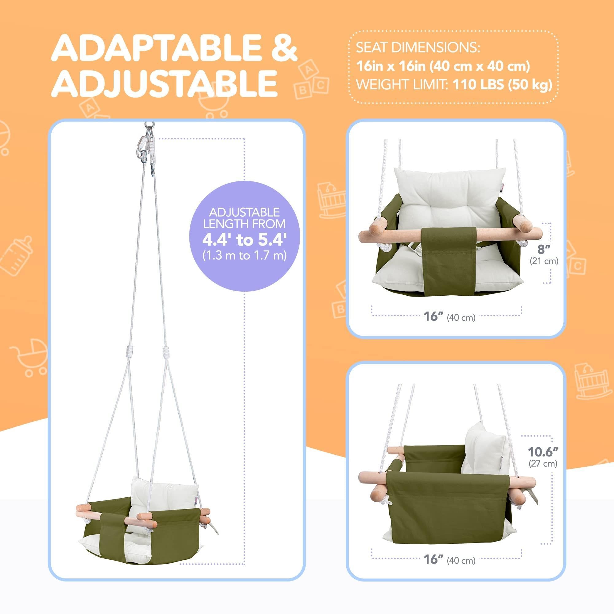Canvas Baby Swing Wooden Hanging Swing Seat Chair with Safety Belt Durable Baby Swing Chair Outdoor and Indoor Swing for Kids Mounting Hardware Included Green Canvas Baby Swing Wooden Hanging Swing Seat Chair with Safety Belt Durable Baby Swing Chair Outdoor and Indoor Swing for Kids Mounting Hardware Included Green