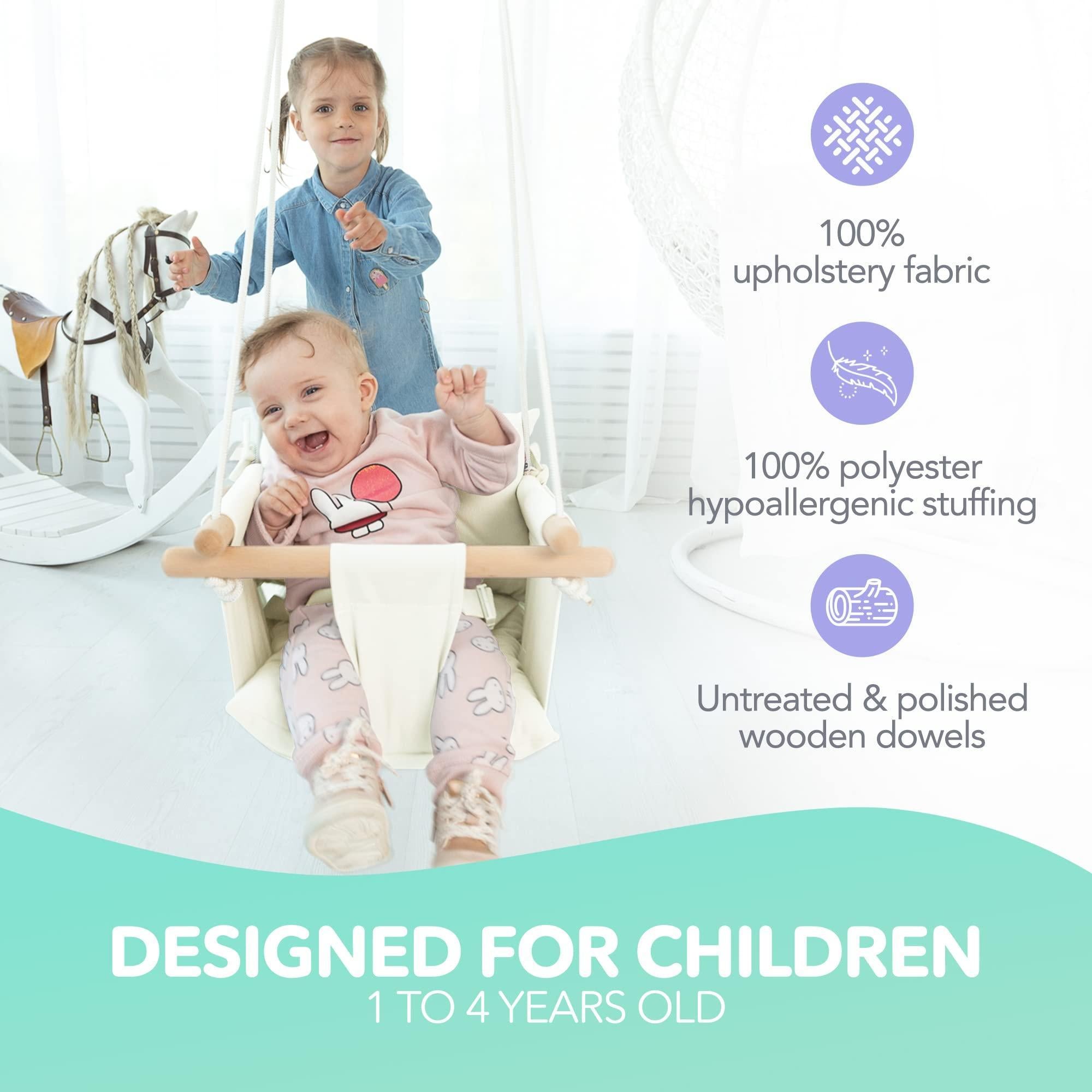 Canvas Baby Swing Wooden Hanging Swing Seat Chair with Safety Belt Durable Baby Swing Chair Outdoor and Indoor Swing for Kids Mounting Hardware Included Ivory Canvas Baby Swing Wooden Hanging Swing Seat Chair with Safety Belt Durable Baby Swing Chair Outdoor and Indoor Swing for Kids Mounting Hardware Included Ivory