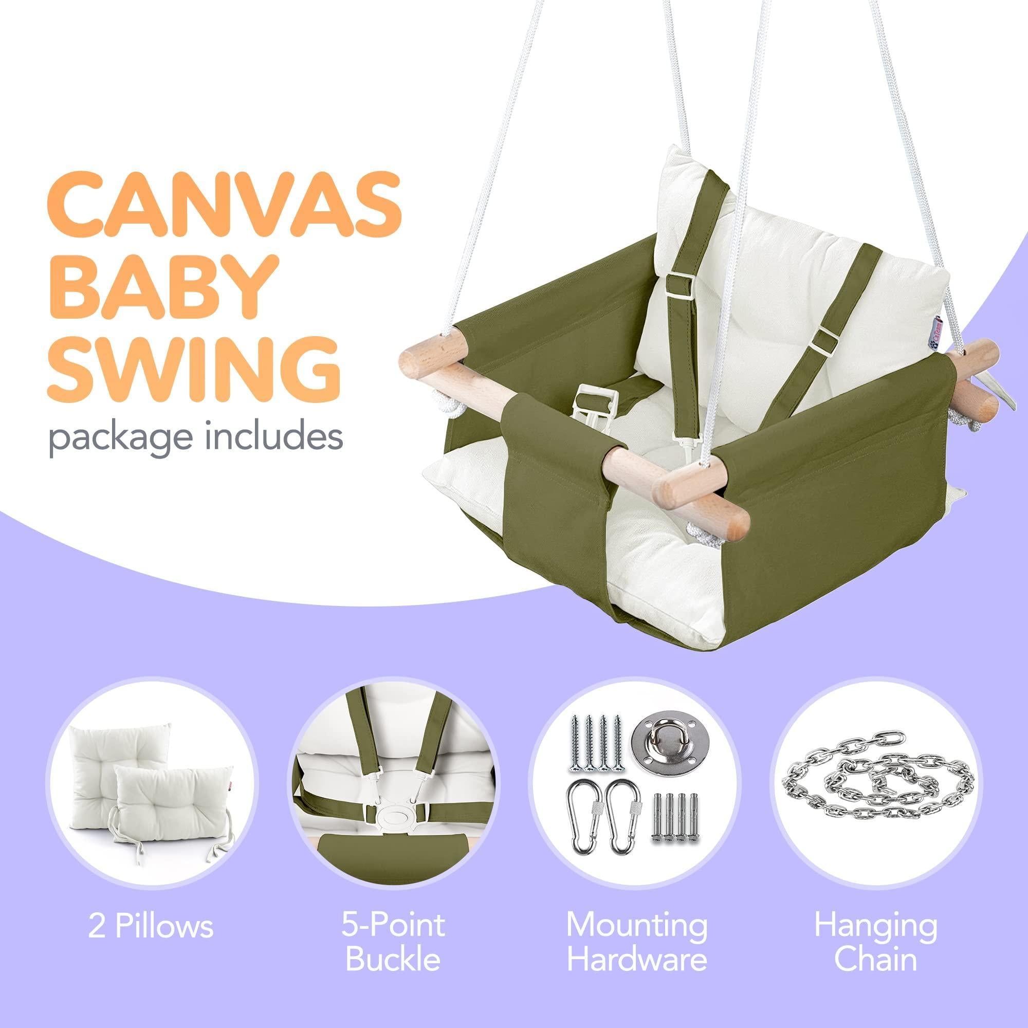 Canvas Baby Swing Wooden Hanging Swing Seat Chair with Safety Belt Durable Baby Swing Chair Outdoor and Indoor Swing for Kids Mounting Hardware Included Green Canvas Baby Swing Wooden Hanging Swing Seat Chair with Safety Belt Durable Baby Swing Chair Outdoor and Indoor Swing for Kids Mounting Hardware Included Green