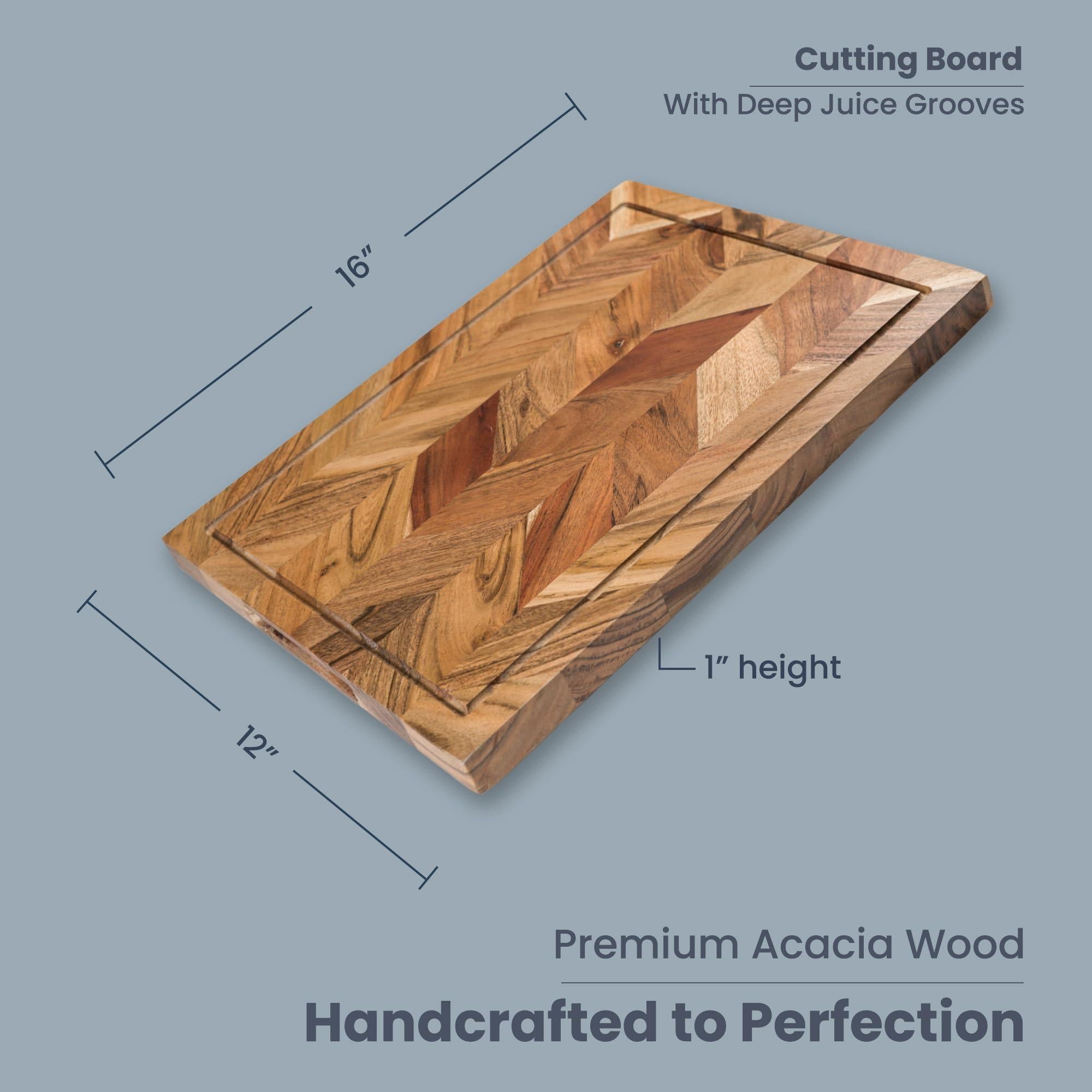 The Fine Living Co. Large Cutting Board Acacia Wood Meat Chopping Board Butcher Block with Juice Groove Chevron Chequered Style 1 Thick & Food grade Serving Board 16 x12 The Fine Living Co. Large Cutting Board Acacia Wood Meat Chopping Board Butcher Block with Juice Groove Chevron Chequered Style 1 Thick & Food grade Serving Board 16 x12