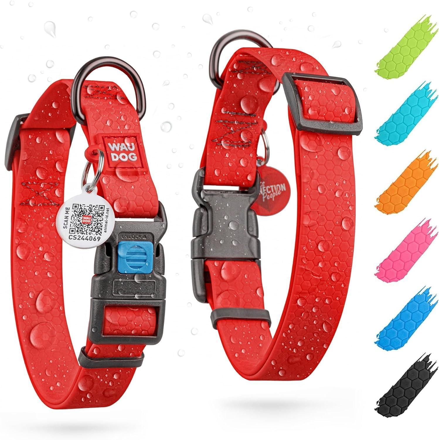 Waterproof Dog Collar Adjustable 17–28 in Neck x 1 3/5 in Wide Buckle & QR Tag Red Waterproof Dog Collar Adjustable 17–28 in Neck x 1 3/5 in Wide Buckle & QR Tag Red