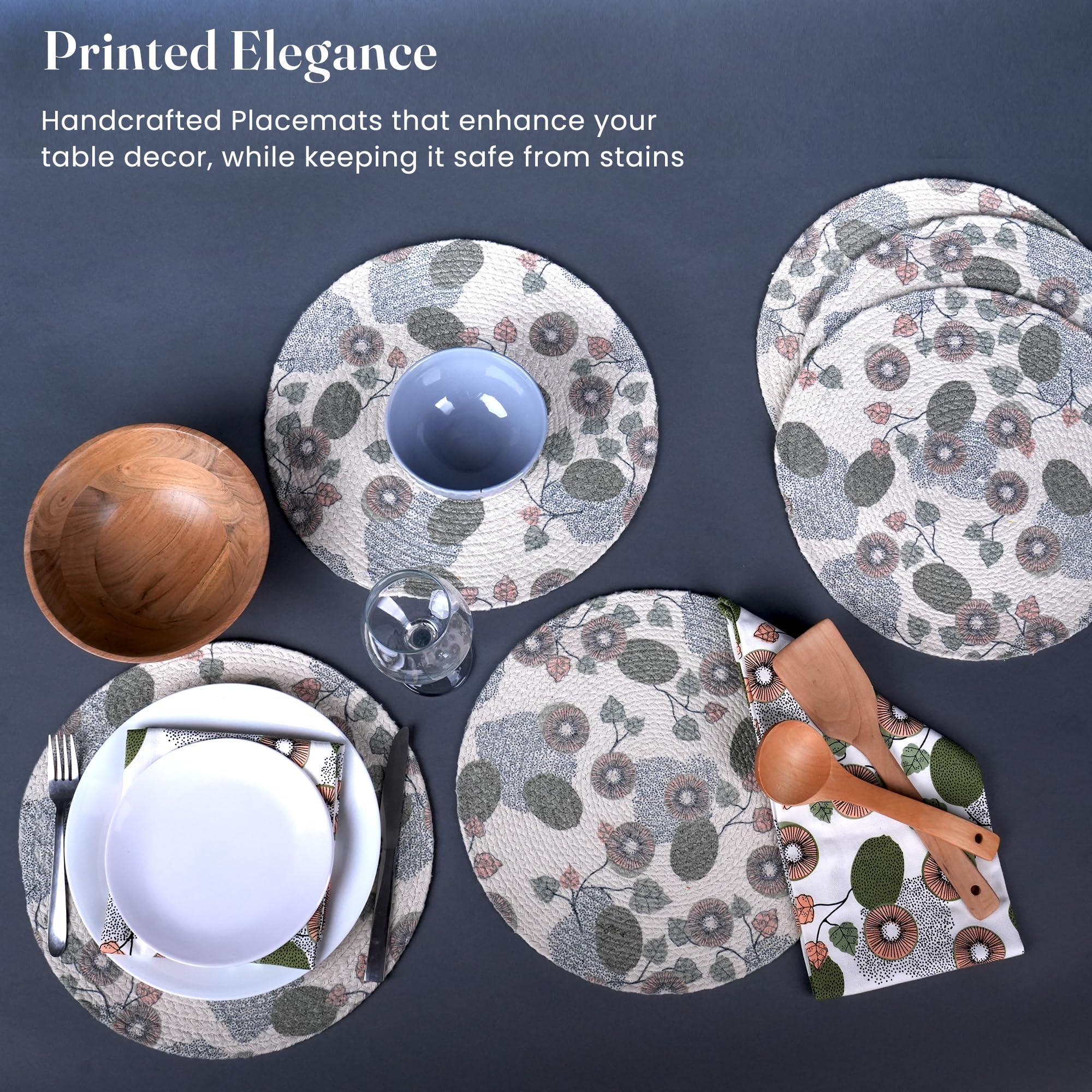 The Fine Living Co. Kiwi Printed Braided Cotton Placemats (Set of 6 13.5 Inches) Washable Anti Slip Heat Resistant Mats Boho Woven Round Table Mats for House Decor Kitchen and Dining The Fine Living Co. Kiwi Printed Braided Cotton Placemats (Set of 6 13.5 Inches) Washable Anti Slip Heat Resistant Mats Boho Woven Round Table Mats for House Decor Kitchen and Dining