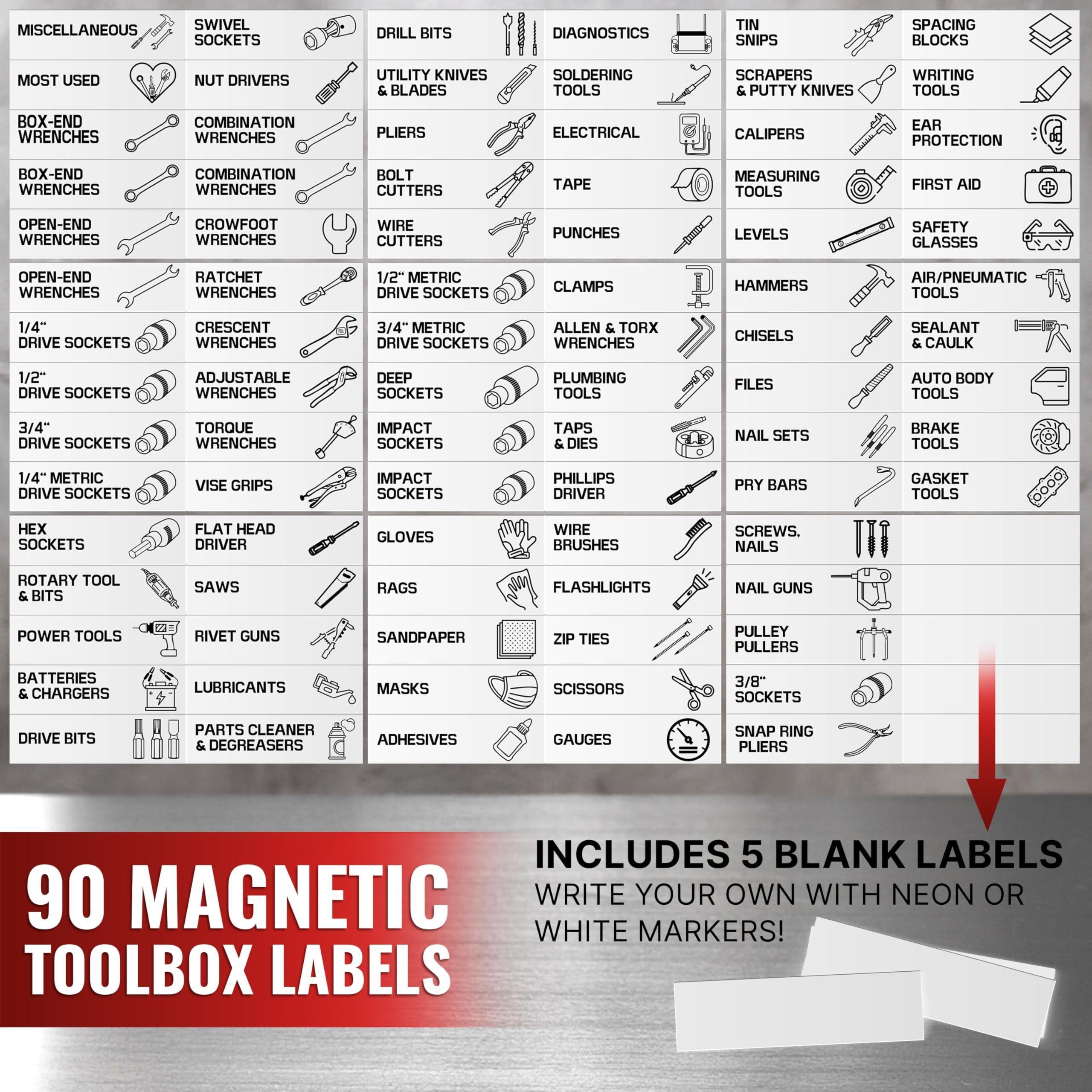 90 Pcs Magnetic Tool Box Labels 3.5x1 inch White Magnetic Toolbox Labels for Tool Box Drawers Strong Magnet Toolbox Organizer Chest Pre Printed & Blanked Emblems for Organization Toolbox Emblems 90 Pcs Magnetic Tool Box Labels 3.5x1 inch White Magnetic Toolbox Labels for Tool Box Drawers Strong Magnet Toolbox Organizer Chest Pre Printed & Blanked Emblems for Organization Toolbox Emblems