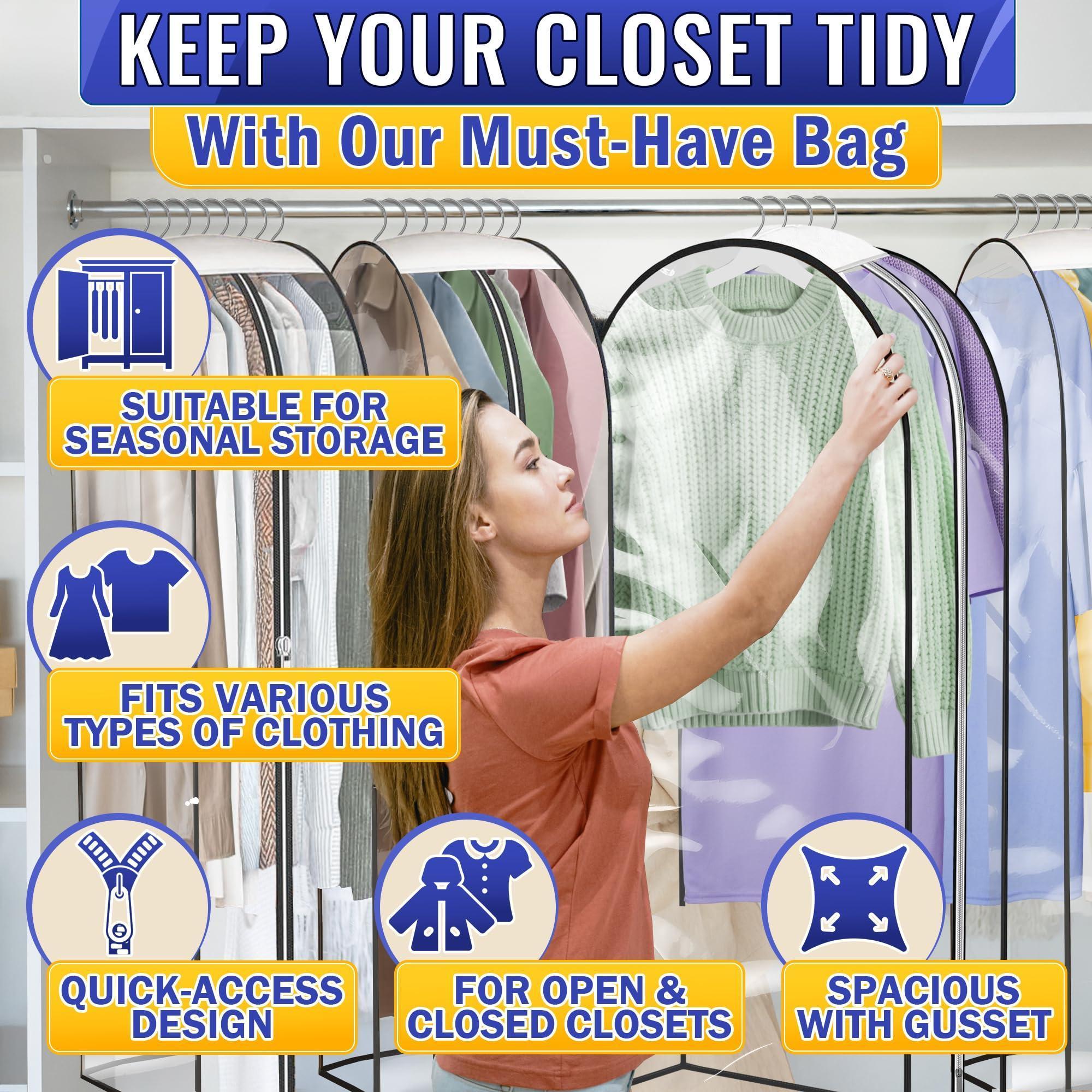 4 Pcs Clear Garment Bags for Hanging Clothes – Dust Proof Suit Bags for Closet Storage (40 x24 x10 ) with Zipper Sides – Designed for Travel & Organization Protects Clothes & Keeps Them Ready to Wear 4 Pcs Clear Garment Bags for Hanging Clothes – Dust Proof Suit Bags for Closet Storage (40 x24 x10 ) with Zipper Sides – Designed for Travel & Organization Protects Clothes & Keeps Them Ready to Wear