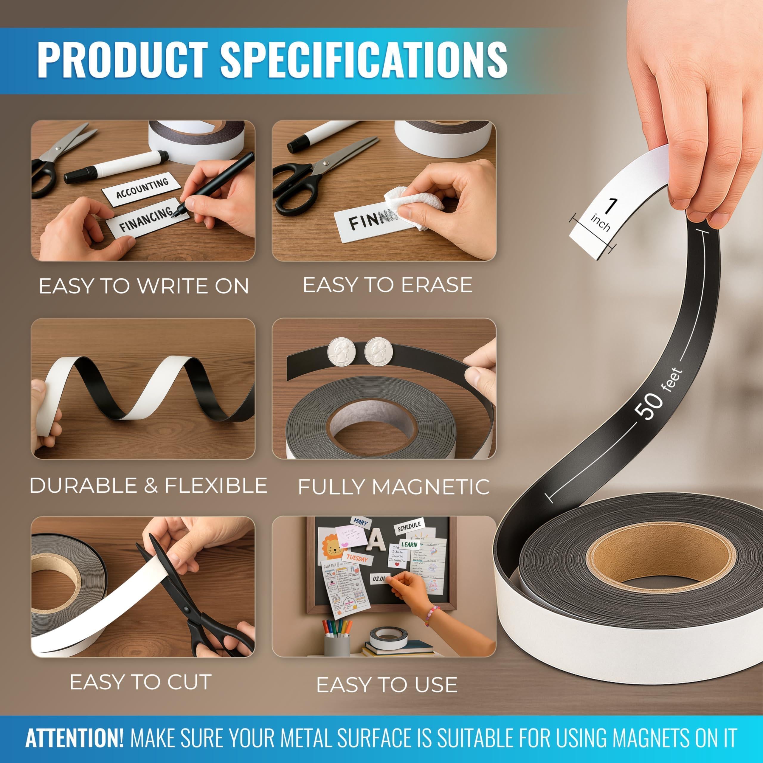 Magnetic Dry Erase Tape 50 Ft x 1 Inch White Magnetic Strip Blank Magnets to Write On Dry Erase Strips Magnet Tape Roll Custom Writable Flexible Tape for Whiteboards Shelves Bus Seats Lockers Magnetic Dry Erase Tape 50 Ft x 1 Inch White Magnetic Strip Blank Magnets to Write On Dry Erase Strips Magnet Tape Roll Custom Writable Flexible Tape for Whiteboards Shelves Bus Seats Lockers