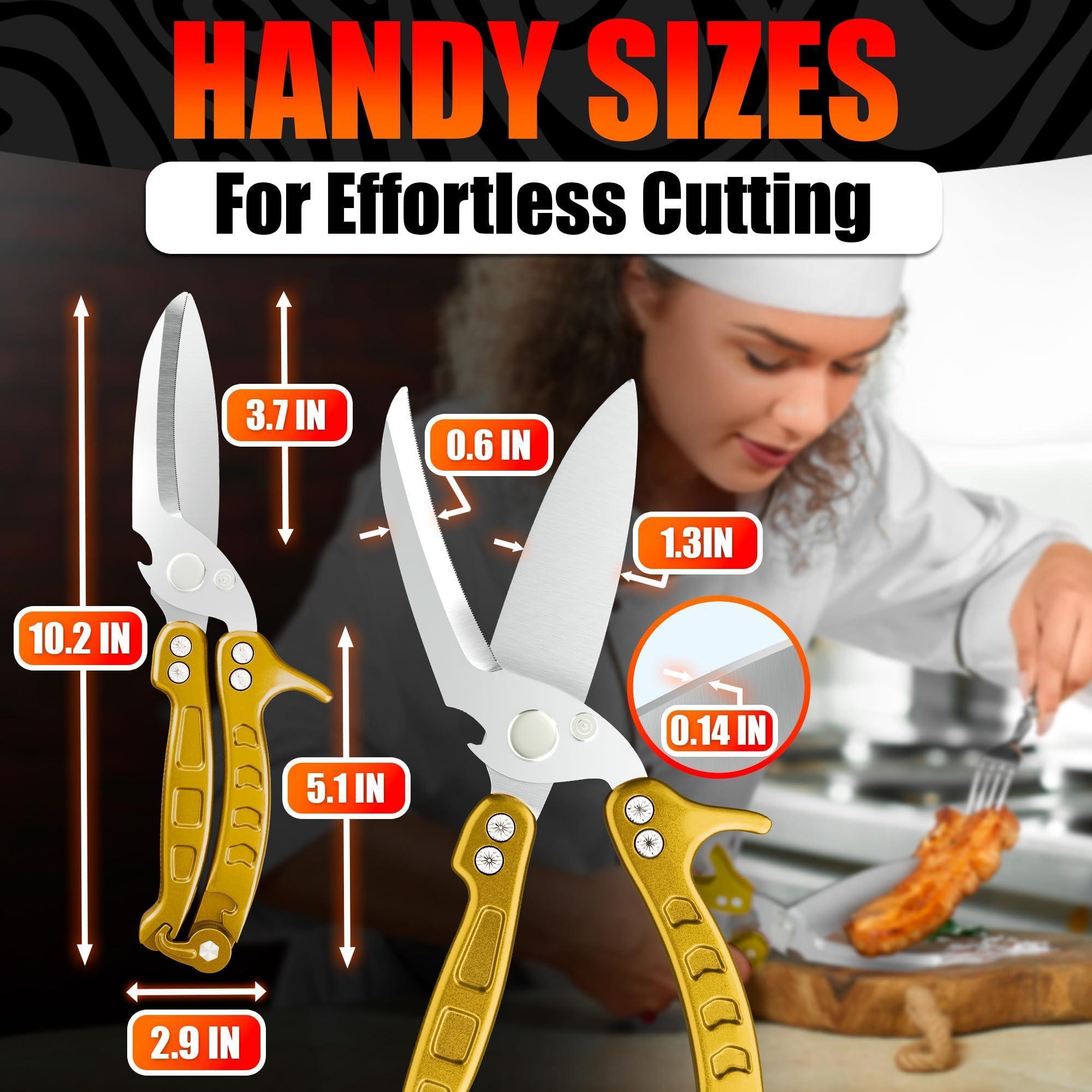 4 in 1 Multifunction Heavy Duty Kitchen Shears Sharp Seafood Fish Turkey Chicken Shears with Non Slip Metal Handle & Micro Serrated Blades for Meat Spring Loaded Bone Scissors Gold 4 in 1 Multifunction Heavy Duty Kitchen Shears Sharp Seafood Fish Turkey Chicken Shears with Non Slip Metal Handle & Micro Serrated Blades for Meat Spring Loaded Bone Scissors Gold