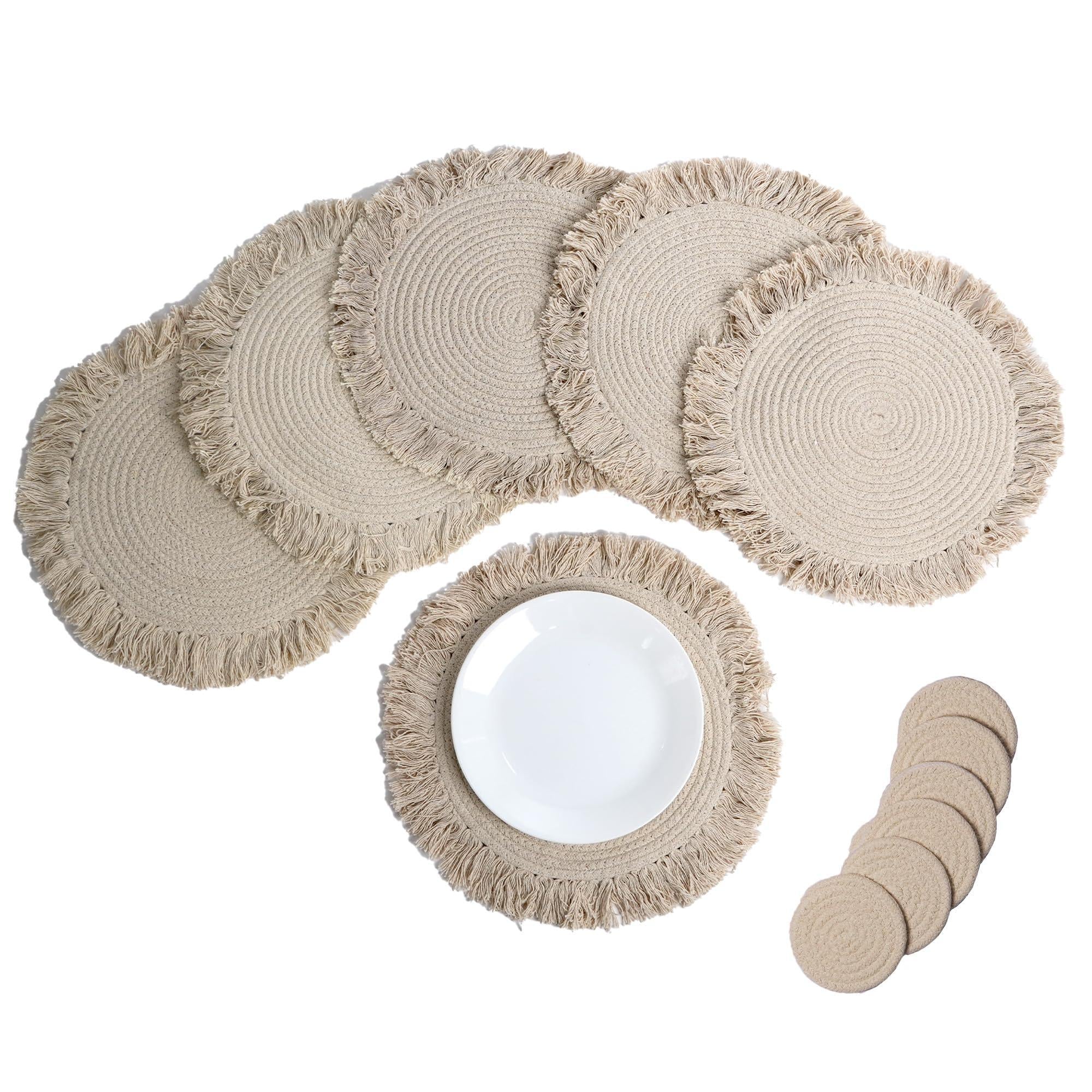 The Fine Living Co. Braided Cotton Placemats (Set of 6 15 Inches) with 6 Free Coasters Washable Anti Slip Heat Resistant Mats Boho Woven Round Table Mats for House Decor Kitchen and Dining The Fine Living Co. Braided Cotton Placemats (Set of 6 15 Inches) with 6 Free Coasters Washable Anti Slip Heat Resistant Mats Boho Woven Round Table Mats for House Decor Kitchen and Dining