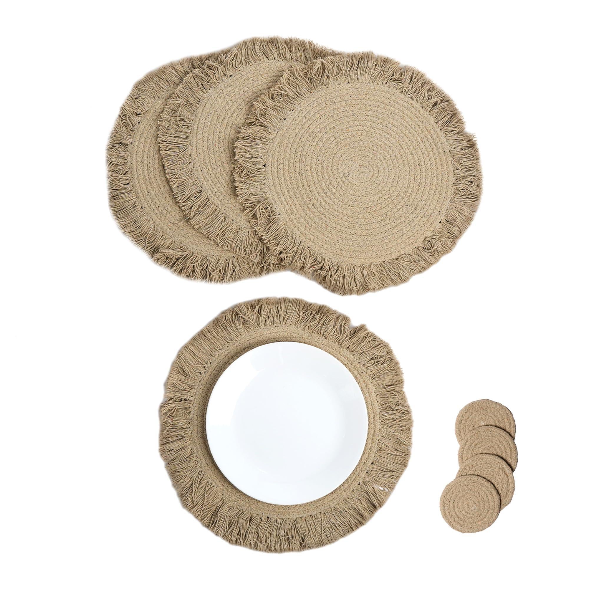 The Fine Living Co. Braided Cotton Placemats (Set of 4 15 Inches) with 4 Free Coasters Washable Anti Slip Heat Resistant Mats Boho Woven Round Table Mats for House Decor Kitchen and Dining The Fine Living Co. Braided Cotton Placemats (Set of 4 15 Inches) with 4 Free Coasters Washable Anti Slip Heat Resistant Mats Boho Woven Round Table Mats for House Decor Kitchen and Dining