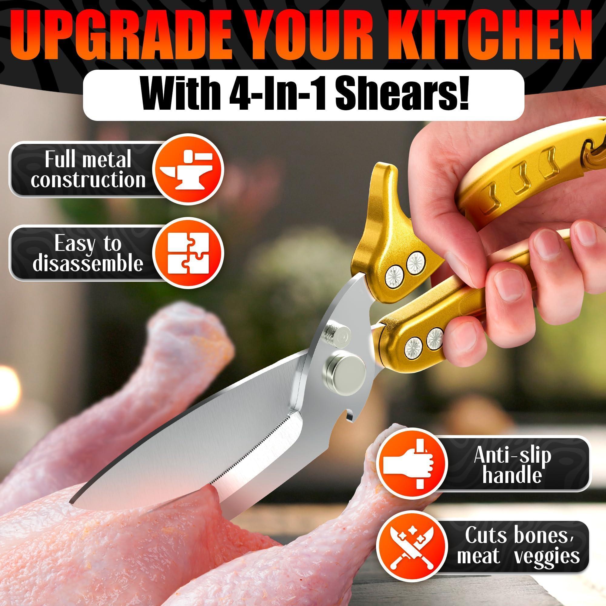4 in 1 Multifunction Heavy Duty Kitchen Shears Sharp Seafood Fish Turkey Chicken Shears with Non Slip Metal Handle & Micro Serrated Blades for Meat Spring Loaded Bone Scissors Gold 4 in 1 Multifunction Heavy Duty Kitchen Shears Sharp Seafood Fish Turkey Chicken Shears with Non Slip Metal Handle & Micro Serrated Blades for Meat Spring Loaded Bone Scissors Gold
