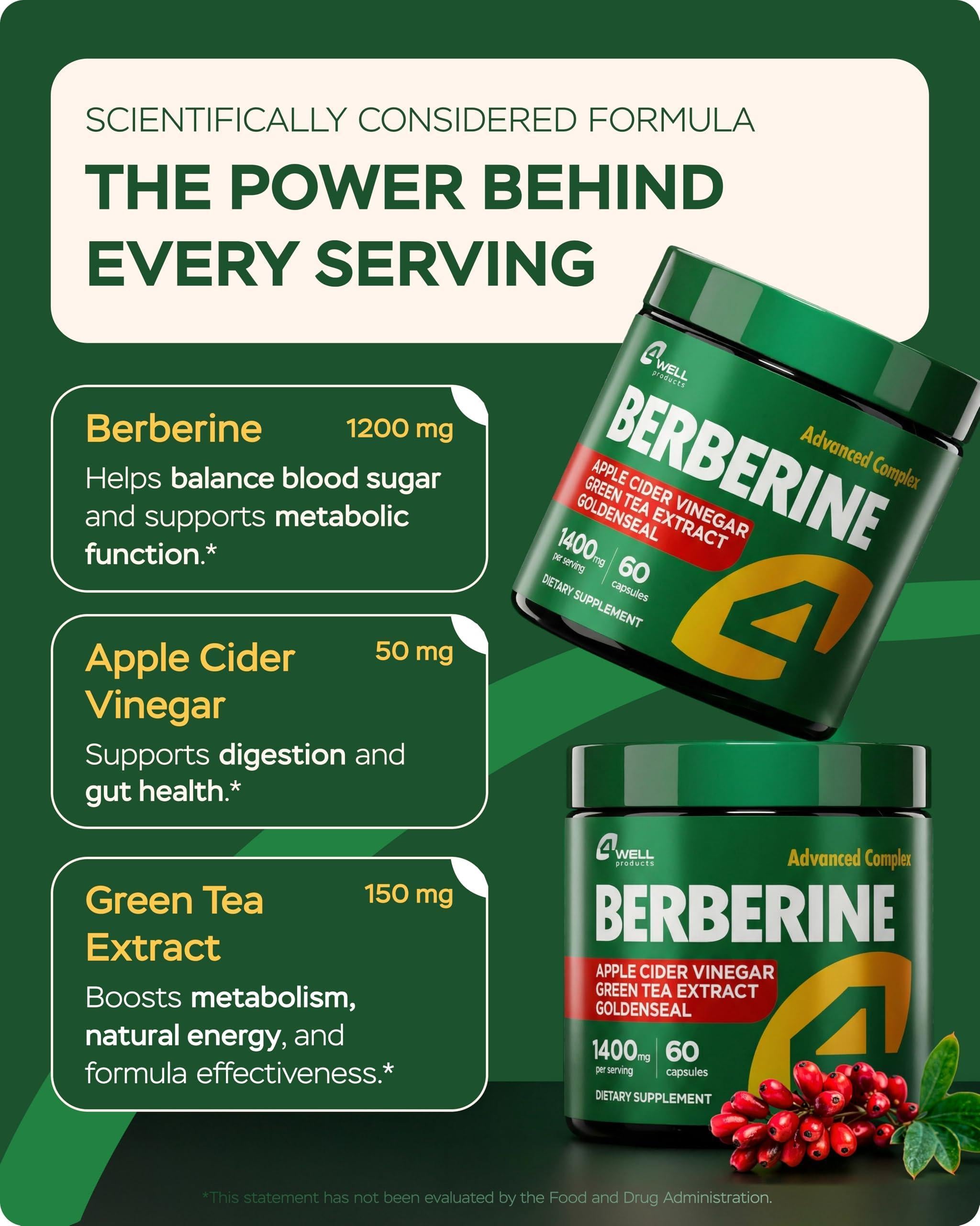 Berberine HCL 1200mg & Japanese Green Tea Extract 150mg Supplement for Metabolic Support with Apple Cider Vinegar & Goldenseal Body Composition Digestive & Immune Support 60 Capsules Berberine HCL 1200mg & Japanese Green Tea Extract 150mg Supplement for Metabolic Support with Apple Cider Vinegar & Goldenseal Body Composition Digestive & Immune Support 60 Capsules
