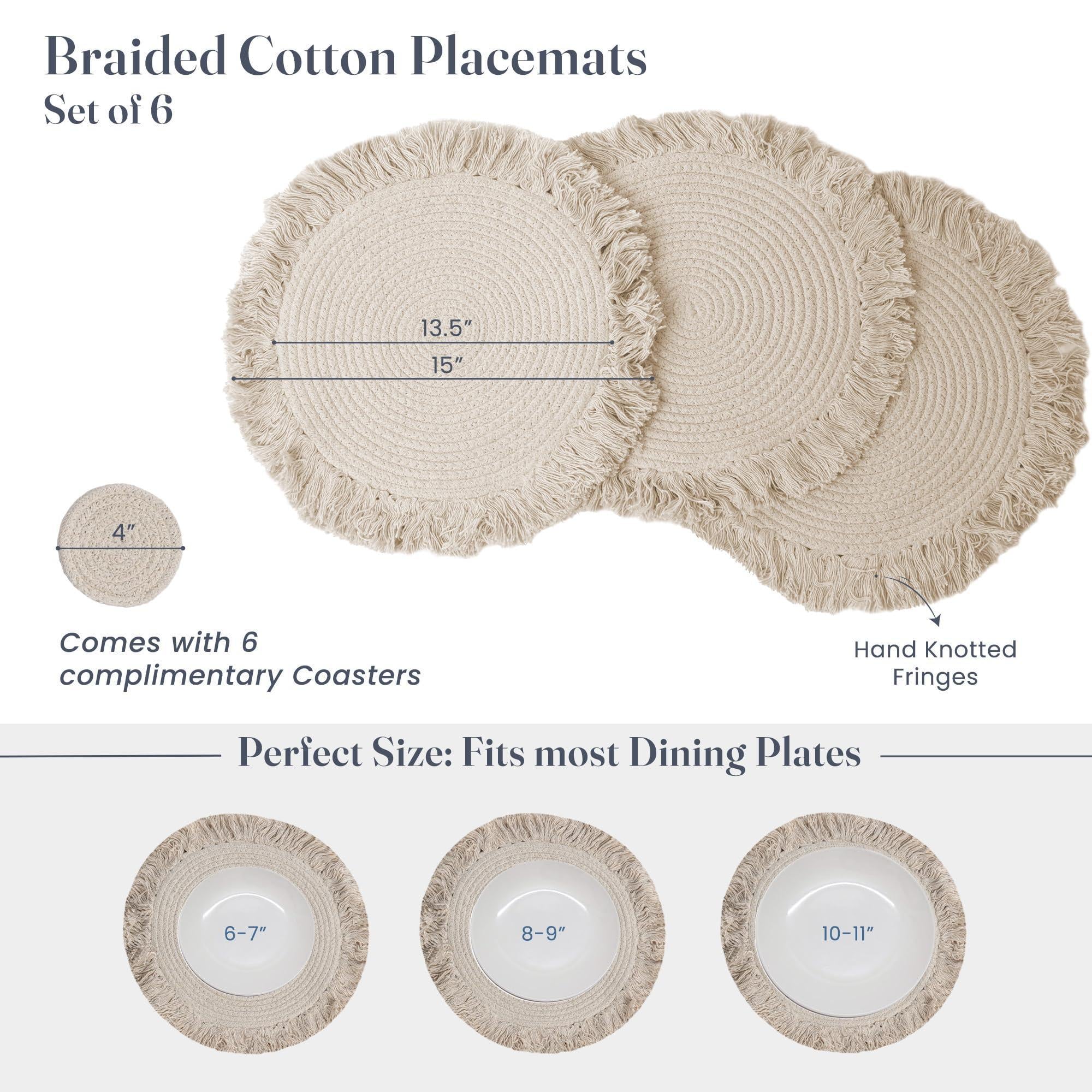 The Fine Living Co. Braided Cotton Placemats (Set of 6 15 Inches) with 6 Free Coasters Washable Anti Slip Heat Resistant Mats Boho Woven Round Table Mats for House Decor Kitchen and Dining The Fine Living Co. Braided Cotton Placemats (Set of 6 15 Inches) with 6 Free Coasters Washable Anti Slip Heat Resistant Mats Boho Woven Round Table Mats for House Decor Kitchen and Dining