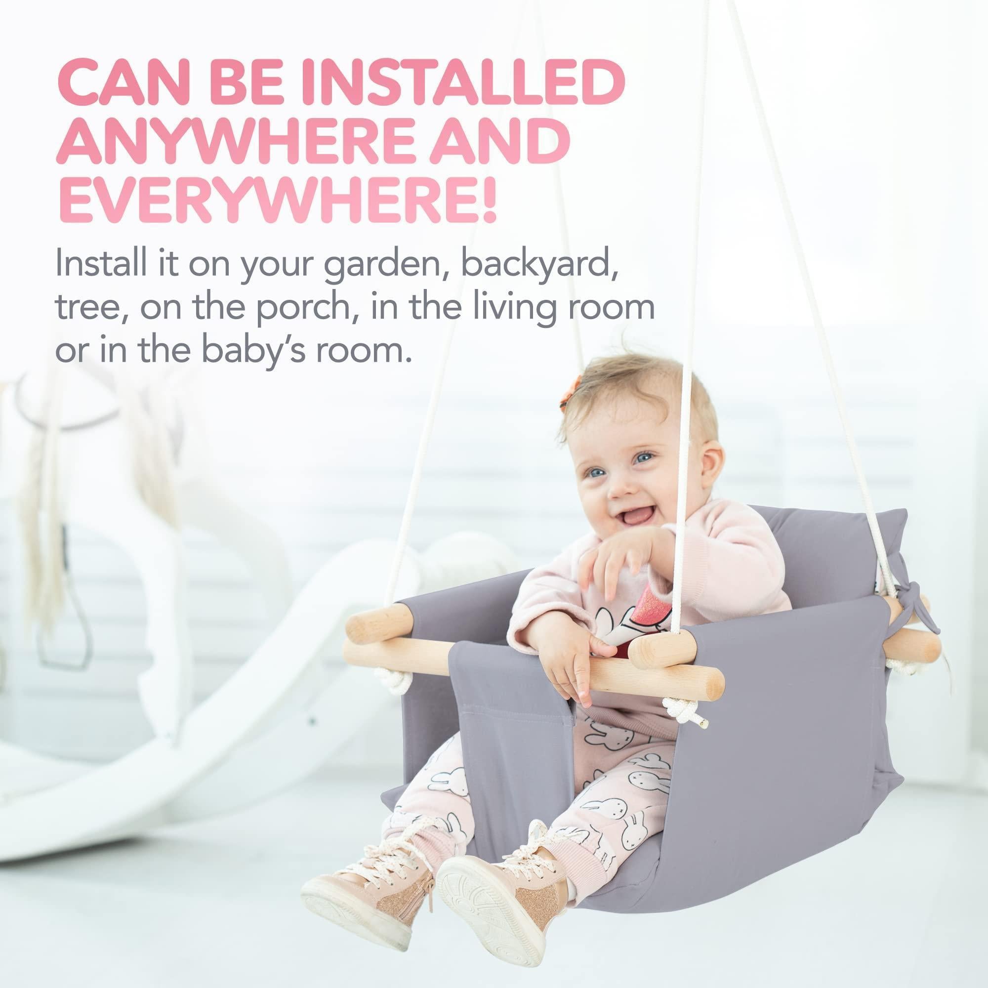 Canvas Baby Swing Wooden Hanging Swing Seat Chair with Safety Belt Durable Baby Swing Chair Outdoor and Indoor Swing for Kids Mounting Hardware Included Taupe Gray Canvas Baby Swing Wooden Hanging Swing Seat Chair with Safety Belt Durable Baby Swing Chair Outdoor and Indoor Swing for Kids Mounting Hardware Included Taupe Gray