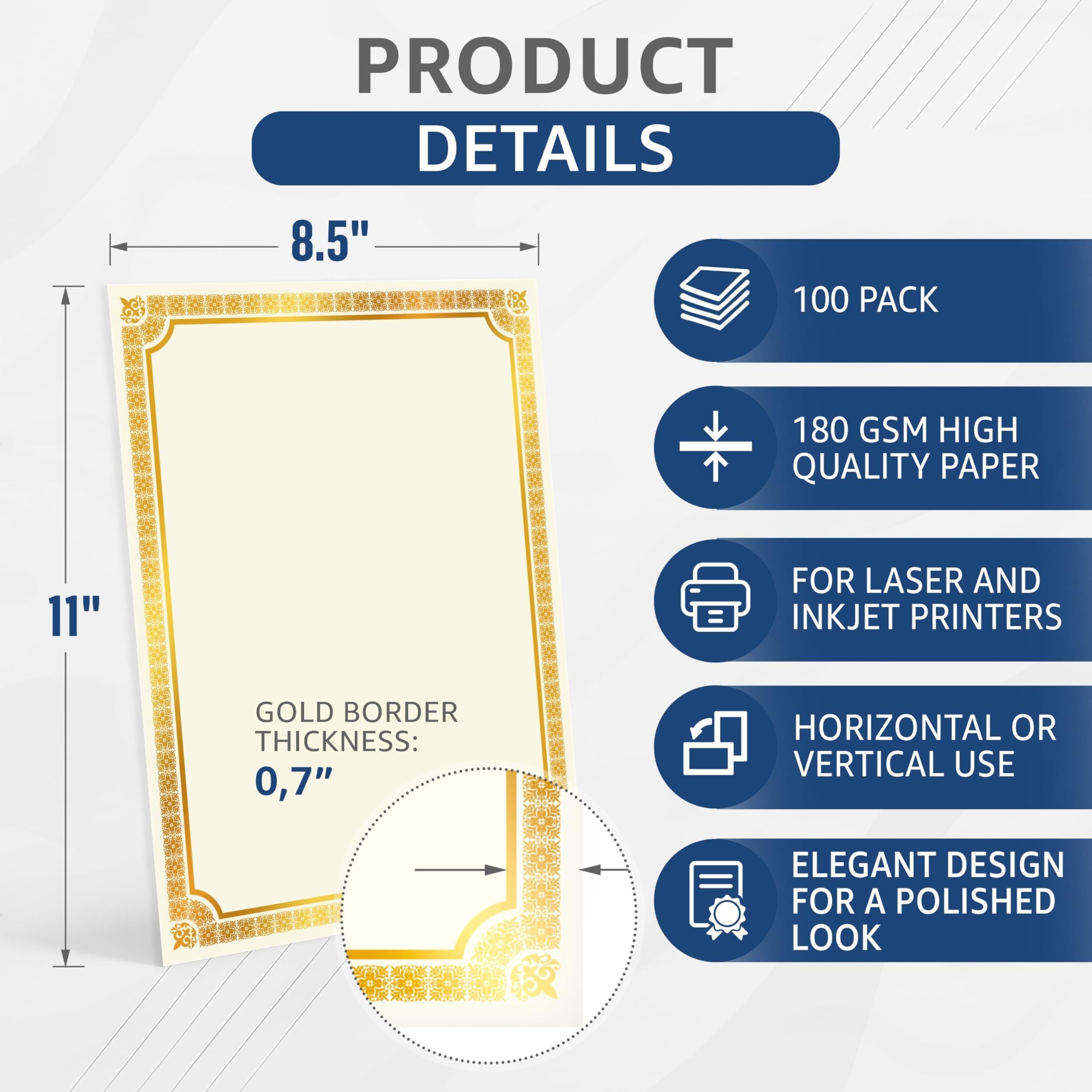 100 Certificate Paper 8.5 x 11 for Printing Blank Certificate Papers for Award Certificates Diploma Paper Premium Gold Foil Award Papers Cardstock for Awards Certificates Graduation 100 Certificate Paper 8.5 x 11 for Printing Blank Certificate Papers for Award Certificates Diploma Paper Premium Gold Foil Award Papers Cardstock for Awards Certificates Graduation