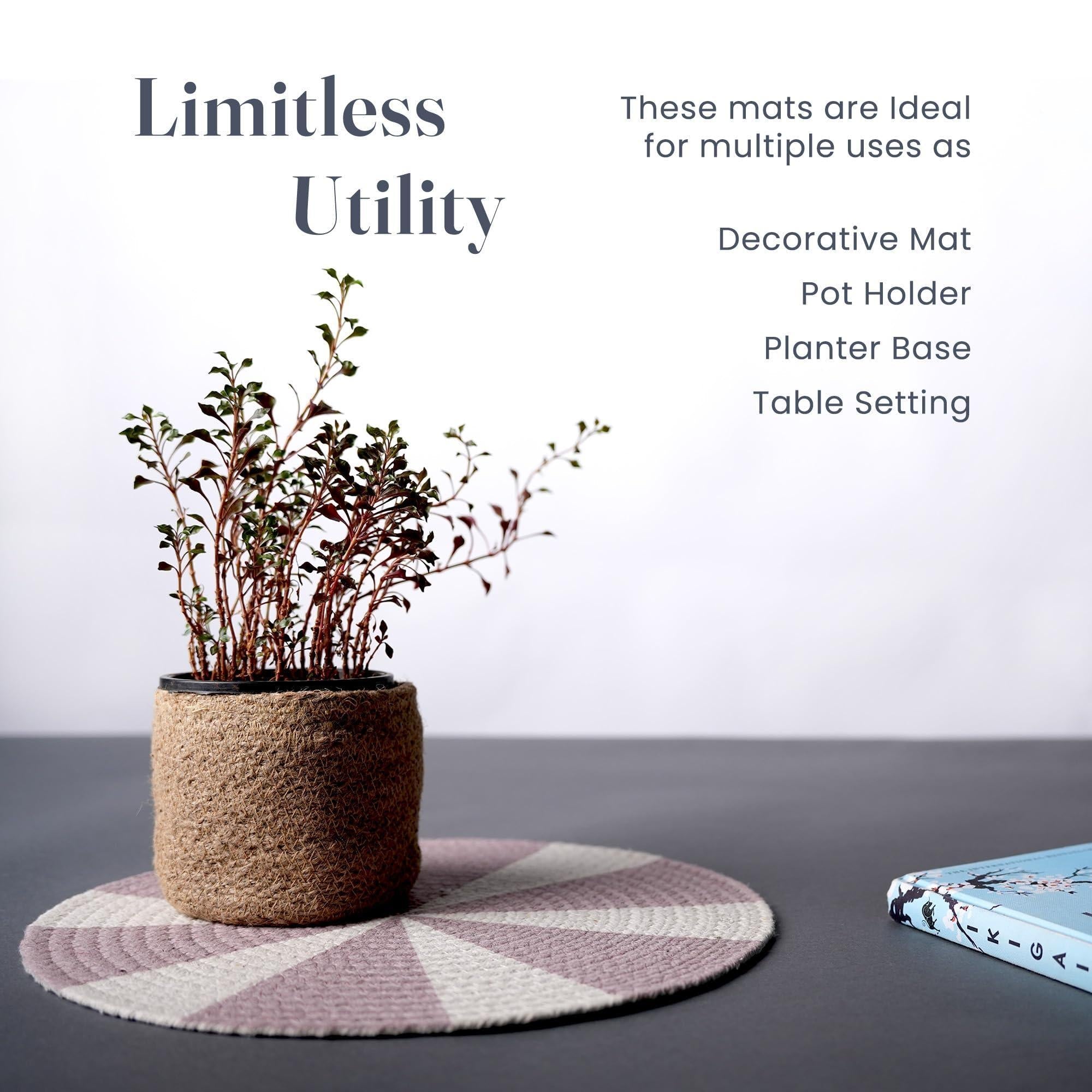 The Fine Living Co. Pinwheel Printed Cotton Braided Placemats (Set of 6 13.5 Inches) Washable Anti Slip Heat Resistant Mats Boho Woven Round Table Mats for House Decor Kitchen and Dining The Fine Living Co. Pinwheel Printed Cotton Braided Placemats (Set of 6 13.5 Inches) Washable Anti Slip Heat Resistant Mats Boho Woven Round Table Mats for House Decor Kitchen and Dining