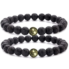 Black Lava Rock Beads Natural Stone Bracelets with Pyrite Set of 2 Healing Crystal Energy Activation Power Chakra Reiki Elastic Stretch Bracelet for Protection Man Women Diffuser Elastic Yoga 8mm