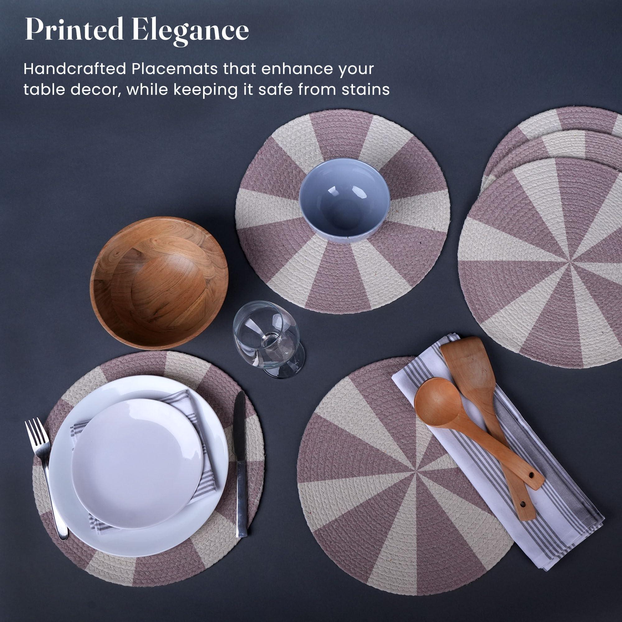 The Fine Living Co. Pinwheel Printed Cotton Braided Placemats (Set of 6 13.5 Inches) Washable Anti Slip Heat Resistant Mats Boho Woven Round Table Mats for House Decor Kitchen and Dining The Fine Living Co. Pinwheel Printed Cotton Braided Placemats (Set of 6 13.5 Inches) Washable Anti Slip Heat Resistant Mats Boho Woven Round Table Mats for House Decor Kitchen and Dining