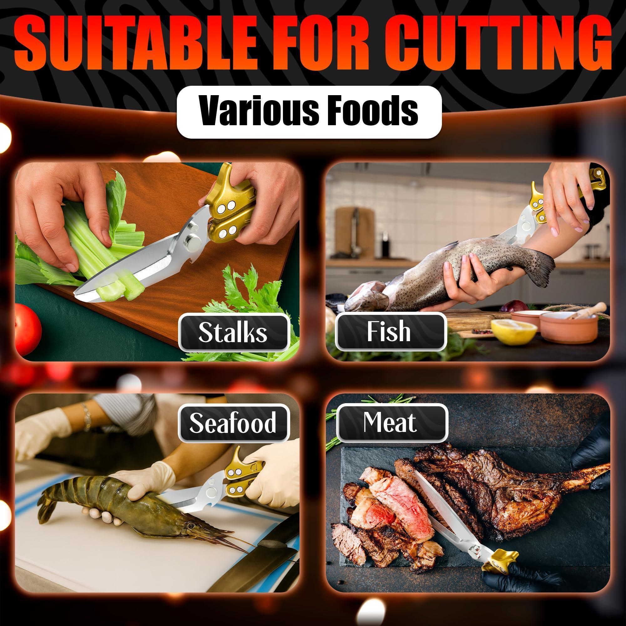 4 in 1 Multifunction Heavy Duty Kitchen Shears Sharp Seafood Fish Turkey Chicken Shears with Non Slip Metal Handle & Micro Serrated Blades for Meat Spring Loaded Bone Scissors Gold 4 in 1 Multifunction Heavy Duty Kitchen Shears Sharp Seafood Fish Turkey Chicken Shears with Non Slip Metal Handle & Micro Serrated Blades for Meat Spring Loaded Bone Scissors Gold