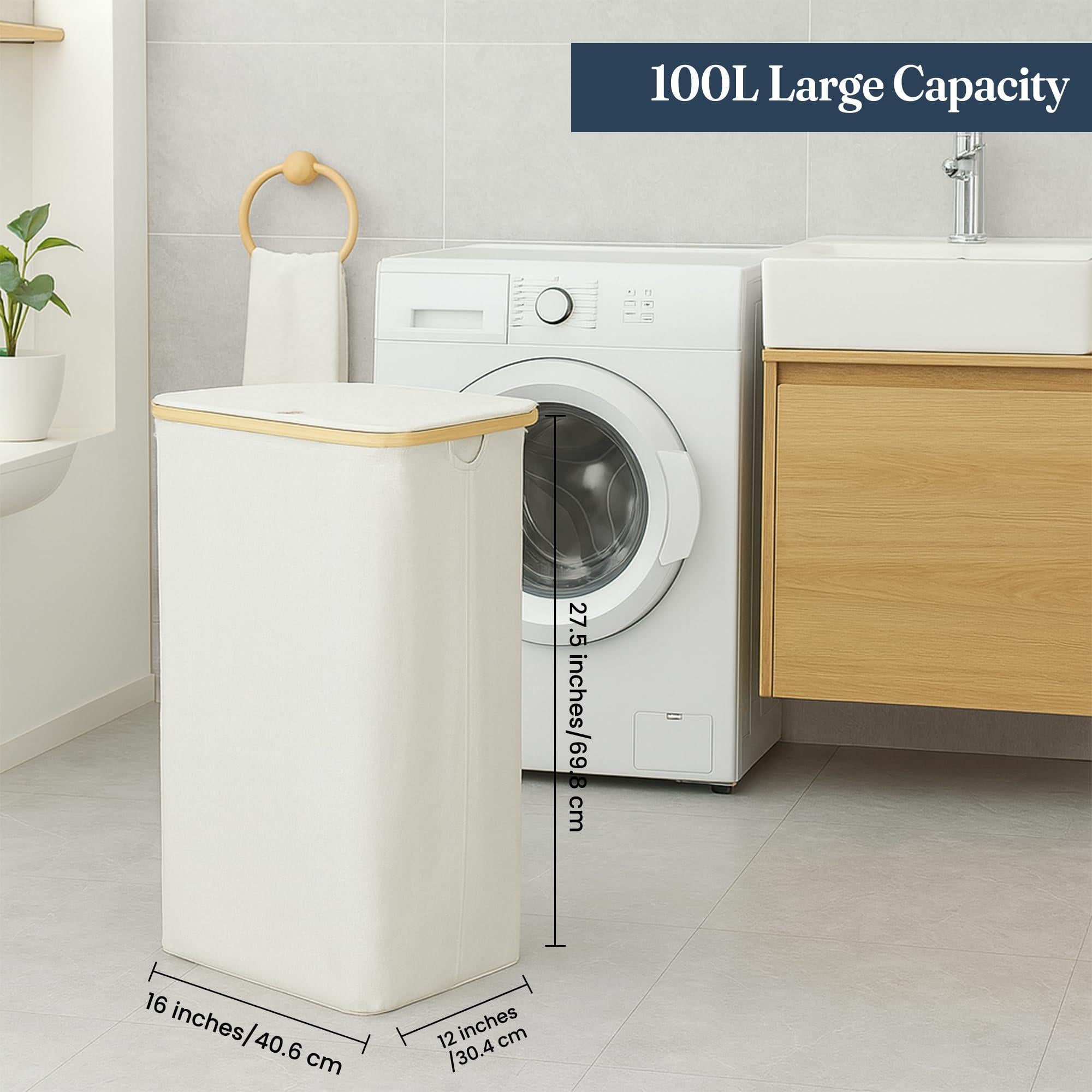 Ivory 100L Large Laundry Hamper with Lid Narrow Foldable Slim Laundry Basket with Bamboo Handles Skinny Tall Dirty Clothes Hamper for Dorm Bathroom Bedroom Ivory 100L Large Laundry Hamper with Lid Narrow Foldable Slim Laundry Basket with Bamboo Handles Skinny Tall Dirty Clothes Hamper for Dorm Bathroom Bedroom