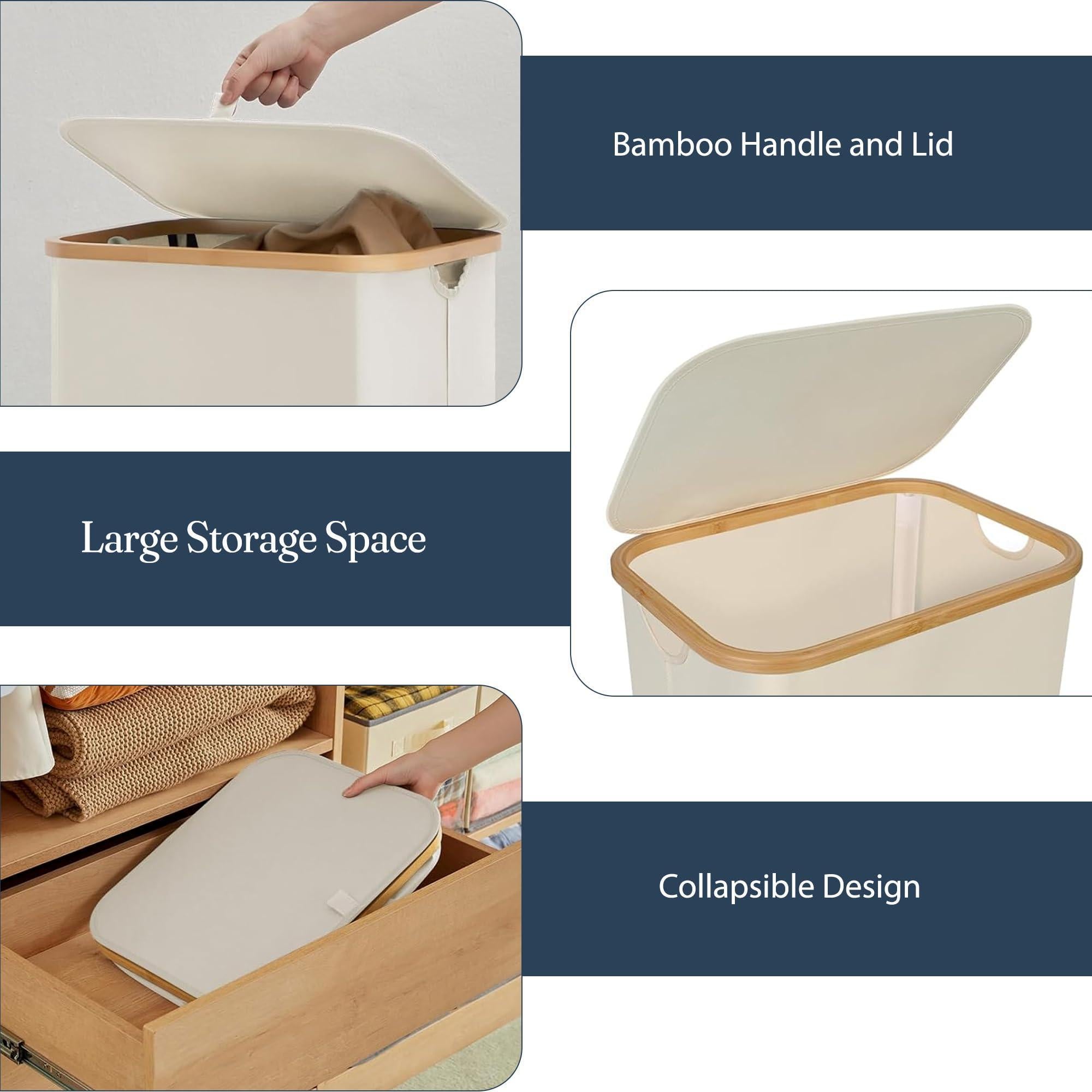 Ivory 100L Large Laundry Hamper with Lid Narrow Foldable Slim Laundry Basket with Bamboo Handles Skinny Tall Dirty Clothes Hamper for Dorm Bathroom Bedroom Ivory 100L Large Laundry Hamper with Lid Narrow Foldable Slim Laundry Basket with Bamboo Handles Skinny Tall Dirty Clothes Hamper for Dorm Bathroom Bedroom
