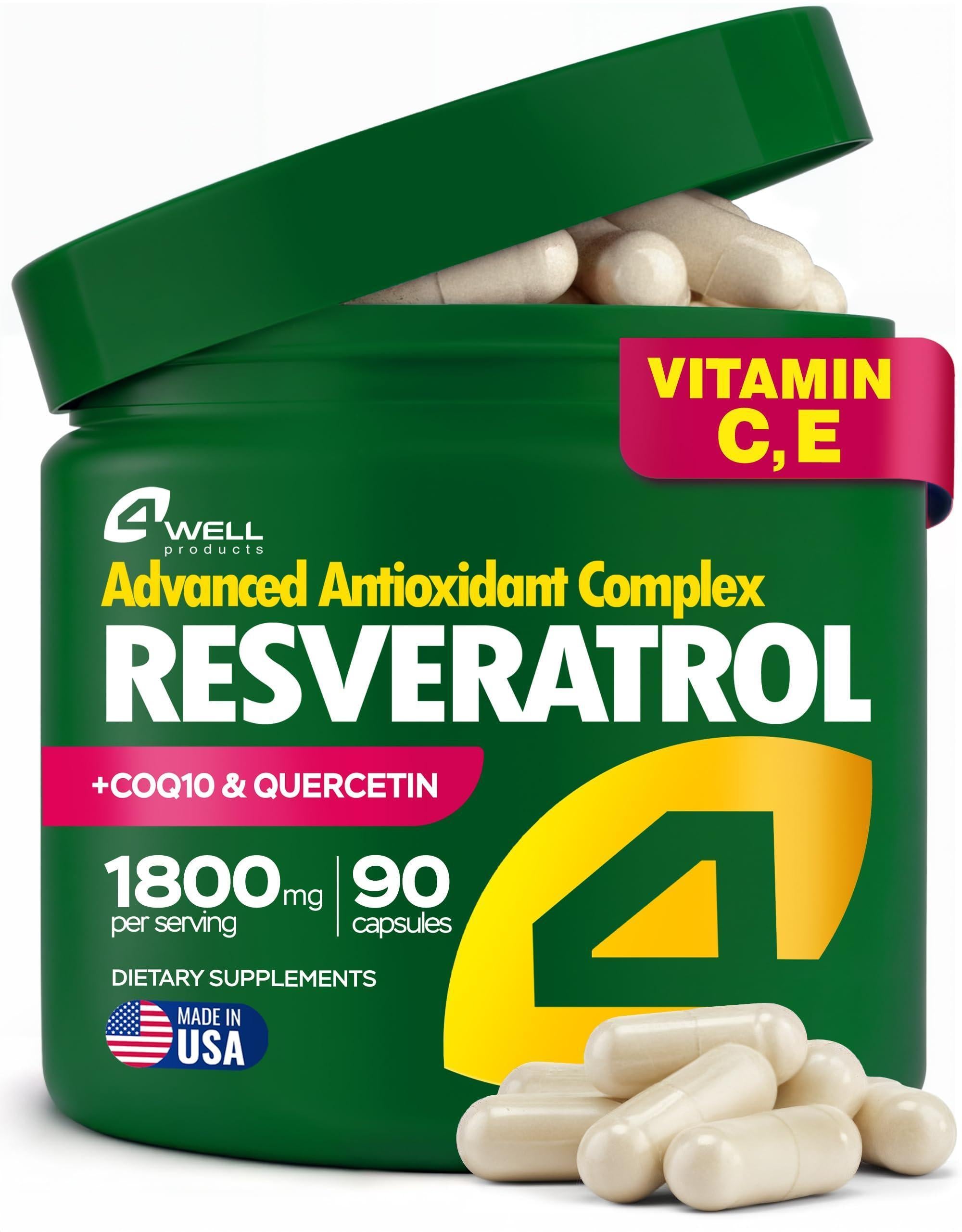 Resveratrol Supplement 1800mg Complex COQ10 Quercetin Vitamin E Calcium Ascorbate Powerful Antioxidant Formula for Enhanced Energy Heart Health & Healthy Aging Support Trans Resveratrol 90 Caps Resveratrol Supplement 1800mg Complex COQ10 Quercetin Vitamin E Calcium Ascorbate Powerful Antioxidant Formula for Enhanced Energy Heart Health & Healthy Aging Support Trans Resveratrol 90 Caps